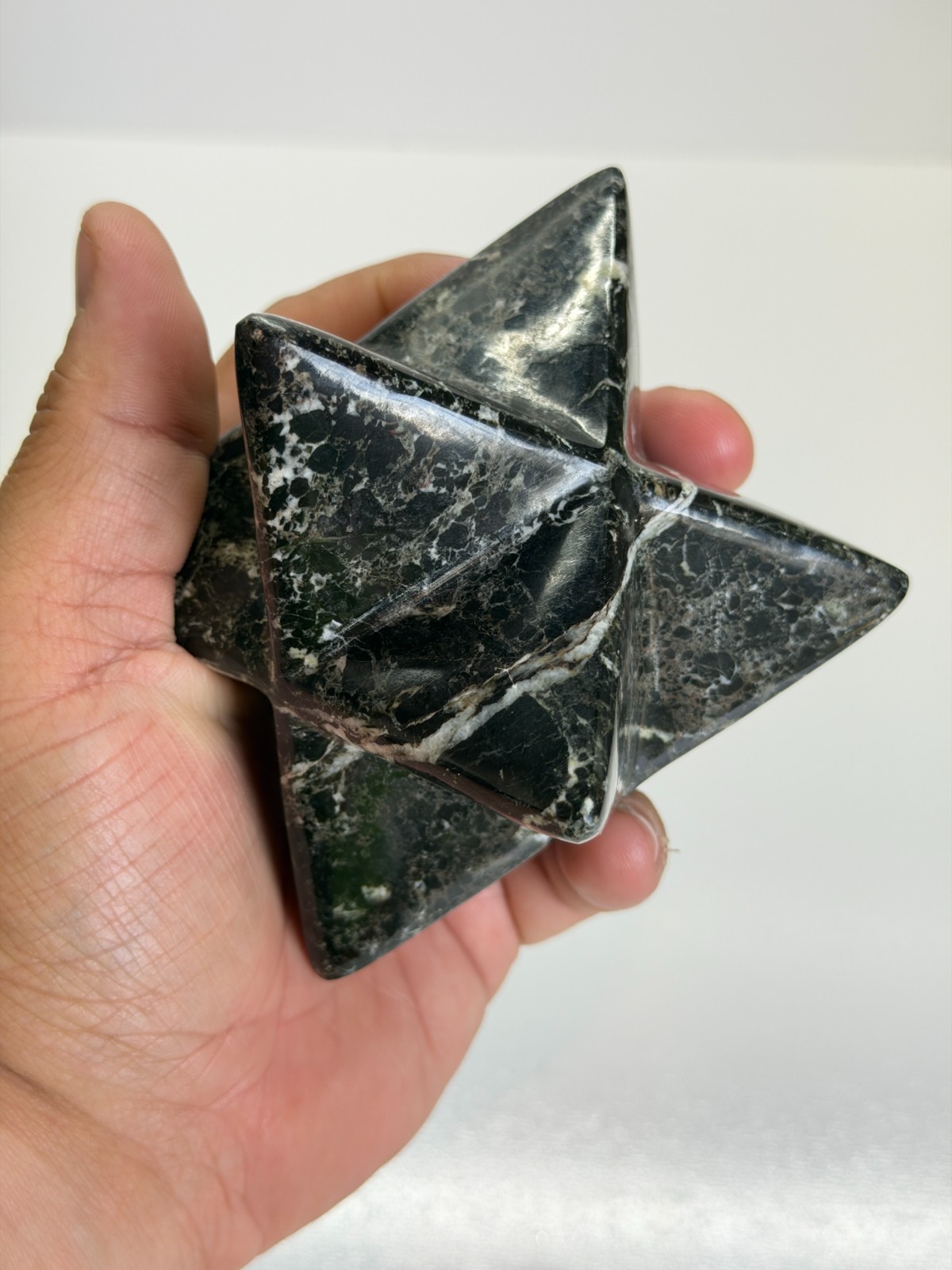 Black Serpentine Merkaba Star Sacred Geometry Crystal Carving 3″ Polished