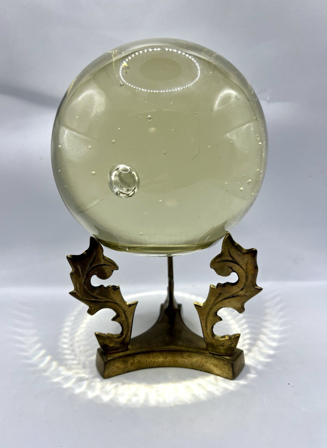 Vintage Clear Orb Crystal Magnifying Ball w Brass Base Stand 7″ tall Bubbles
