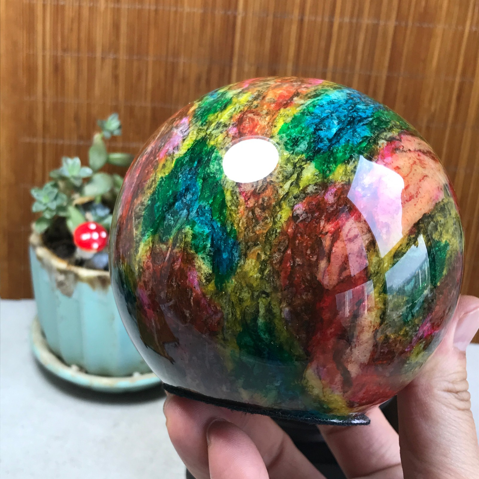 Natural “Seven Colors Jade” sphere Ball -Taiwan China 1.85kg Base Random A5809