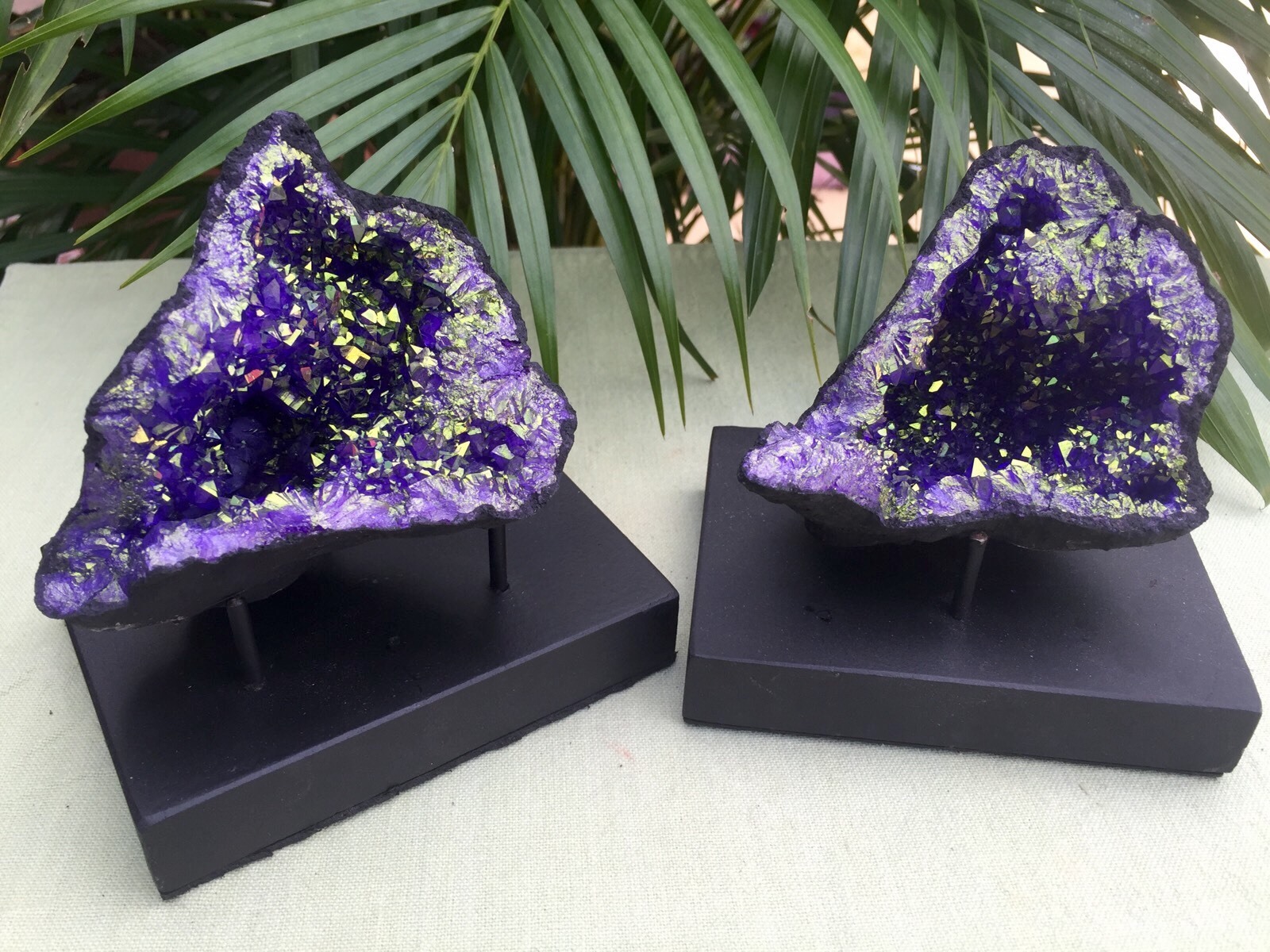 Large Purple Geode Pair W/Stands Crystal Geode Quartz Moroccan Geode Half Open.