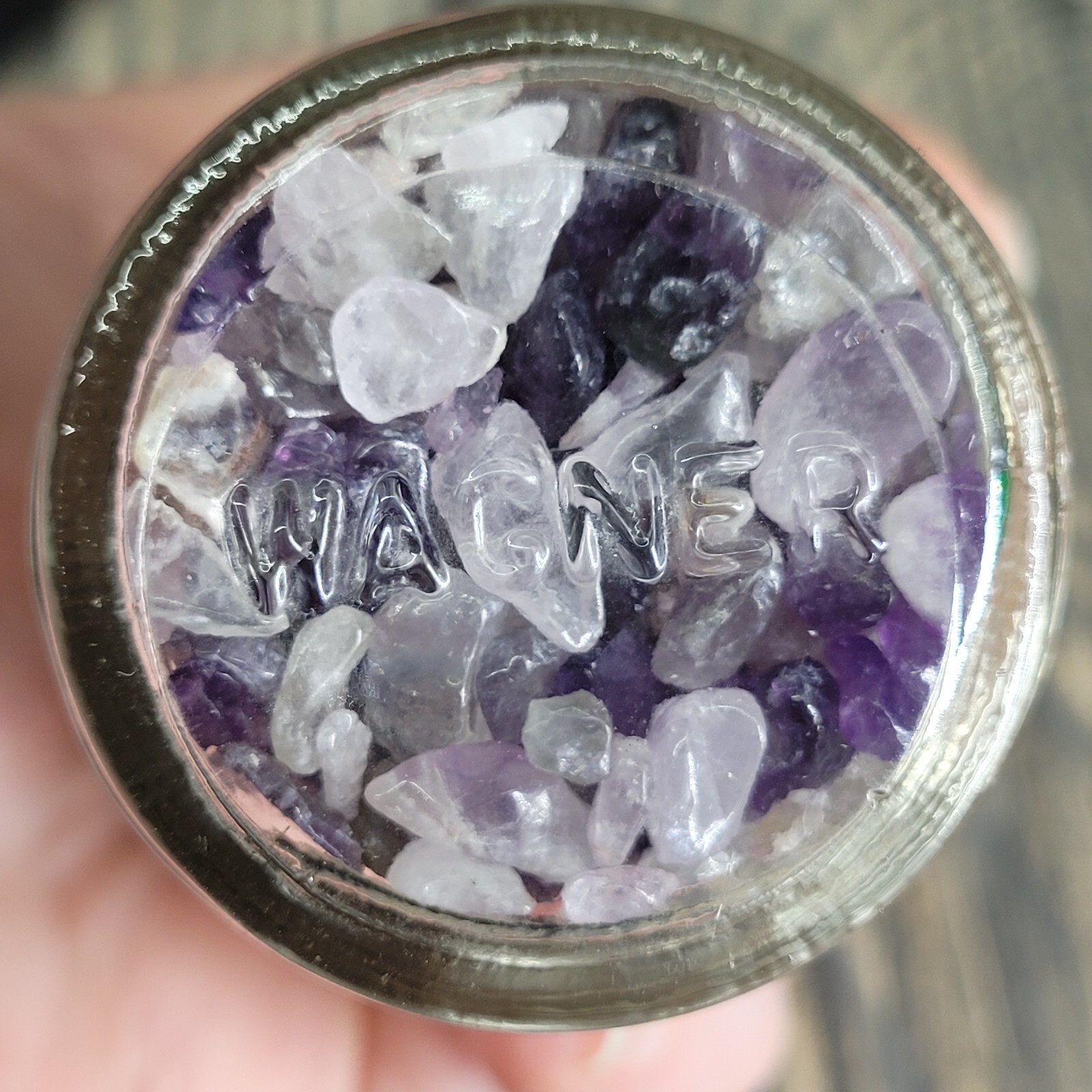 4oz Amethyst Tumbled Crystal Chips in Vintage Apothecary Glass Jar Wagner w/Cork