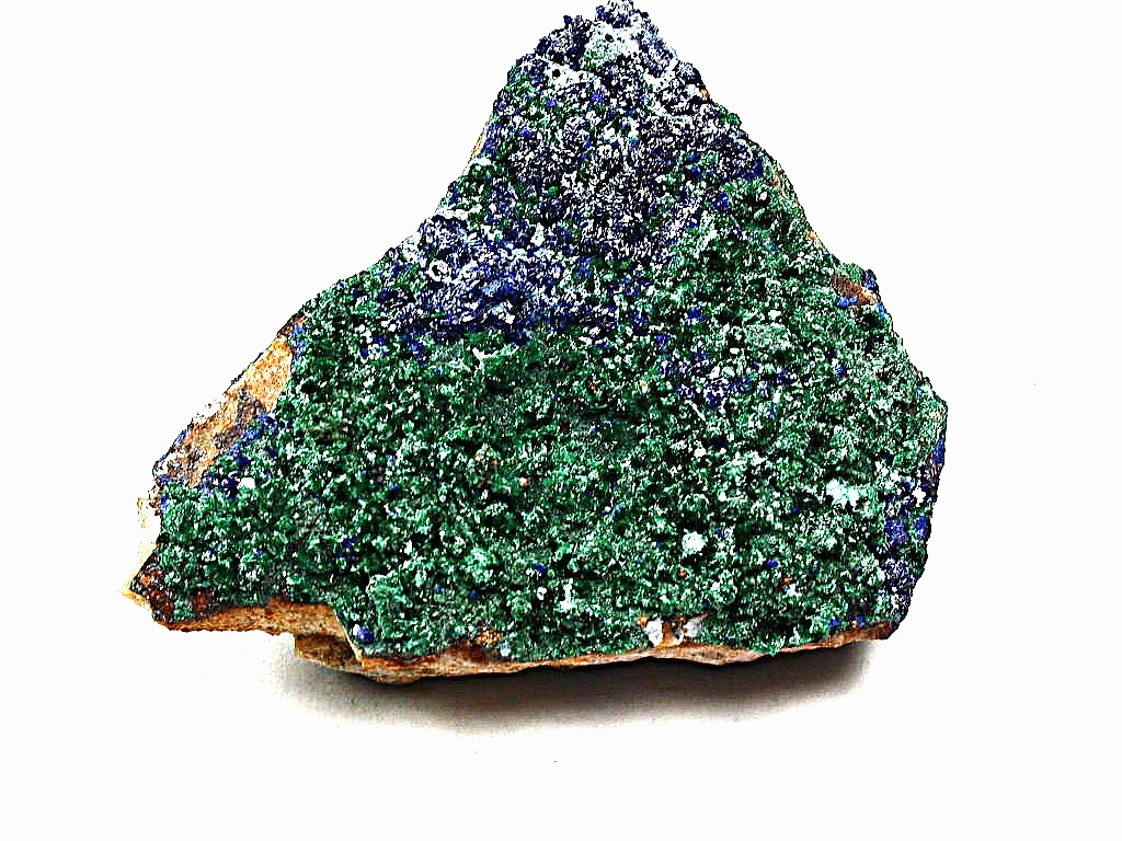 MINERALS : FIBROUS MALACHITE WITH BLUE AZURITE AND WHITE CERUSSITE XTLS, MOROCCO