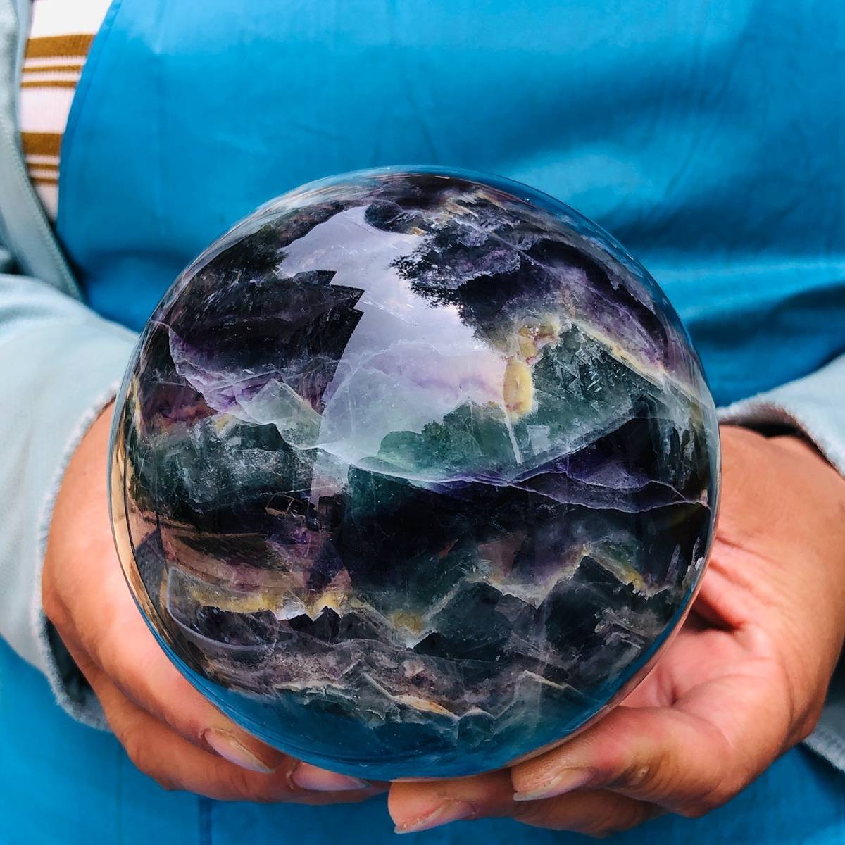 3.74LB Natural Crystal Rainbow Fluorite Sphere Display Ball Reiki Healing