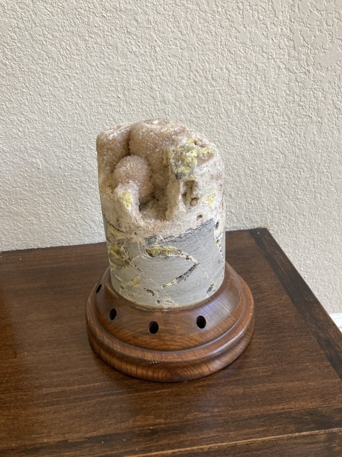 Natural Geological Drill Core w Crystals on Walnut Wood Pen Holder Display Base