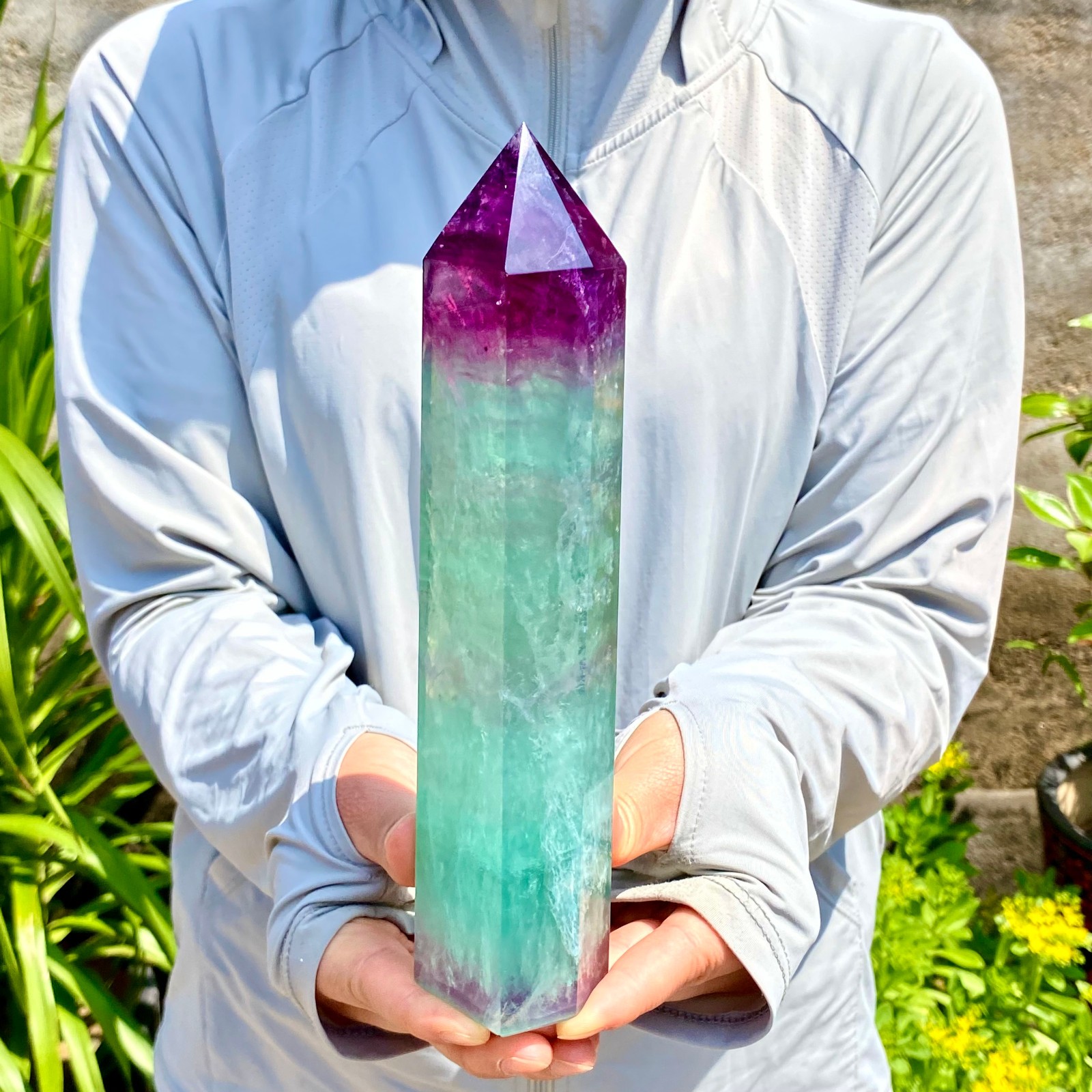 2.27LB Natural Rainbow Fluorite Obelisk Quartz Crystal Wand Tower Point Healing