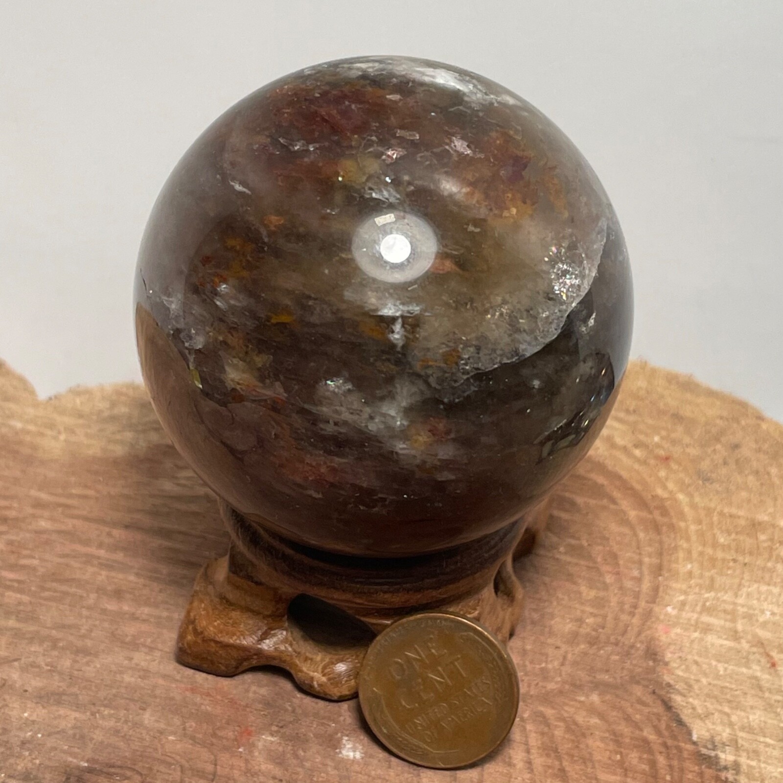**No Stand** Quartz Sphere Rainbows Garden Hematoid Smoky 240 Grams