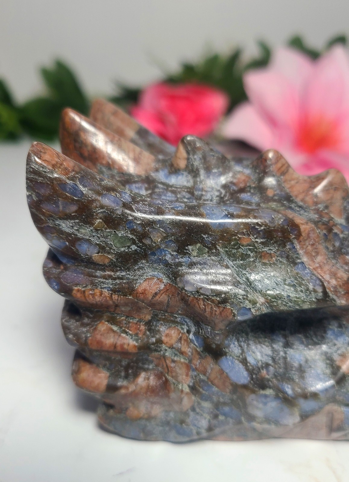 Large 5″ 575g Que Sera Llanite Dragon Skull Head Crystal Carving Stone Statue