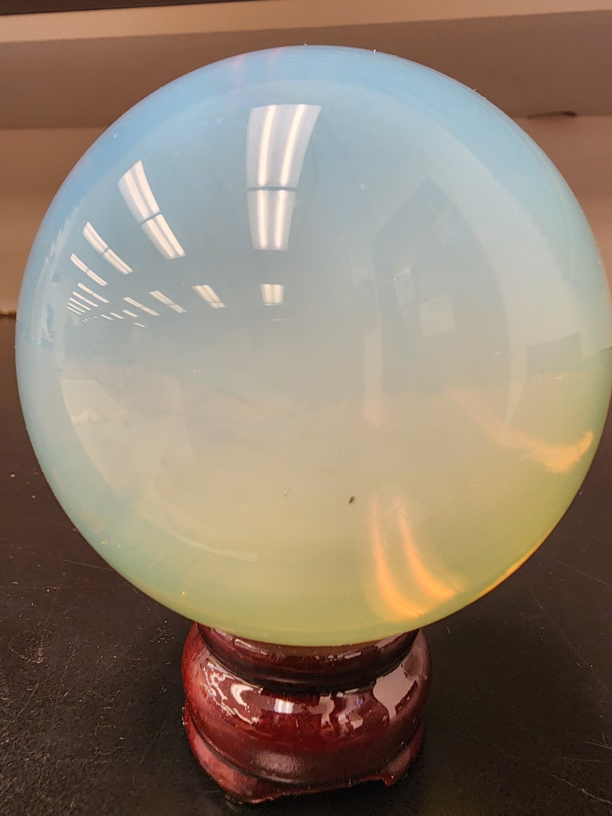 Large 673g Opalite Crystal Sphere Ball Blue Glow Polished Orb w/ Wooden Stand