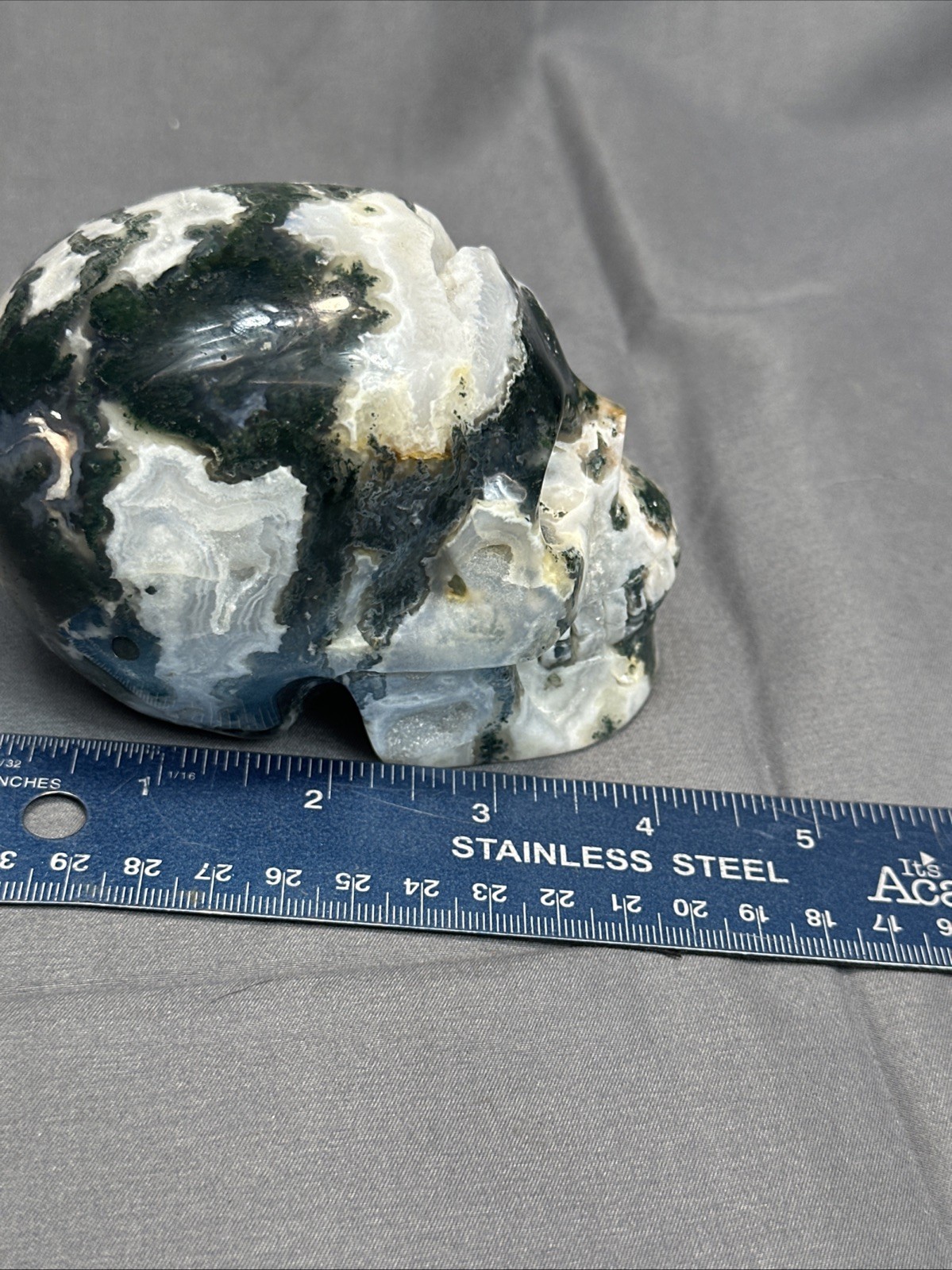 Green Moss Agate Geode Crystal Skull 4.5” Carving With Natural Druzy Pocket 1.15