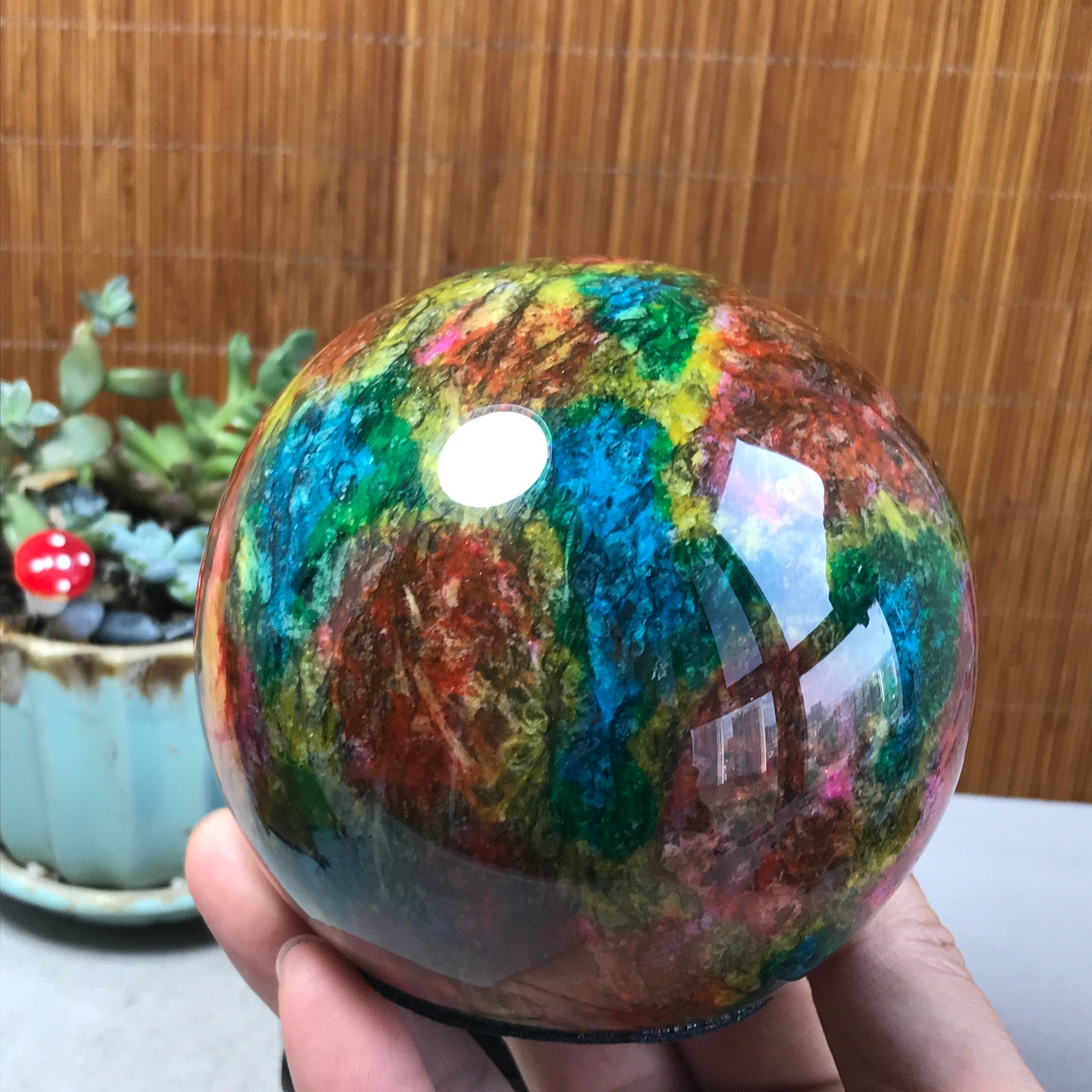 Natural “Seven Colors Jade” sphere Ball -Taiwan China 1.85kg Base Random A5809