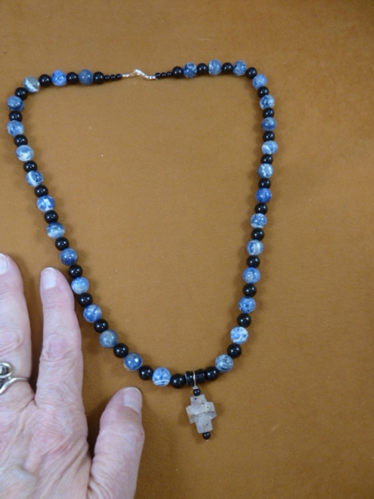 CR510-17 Fairy Stone CHRISTIAN CROSS Lucky Crystal 23″ Sodalite + onyx necklace