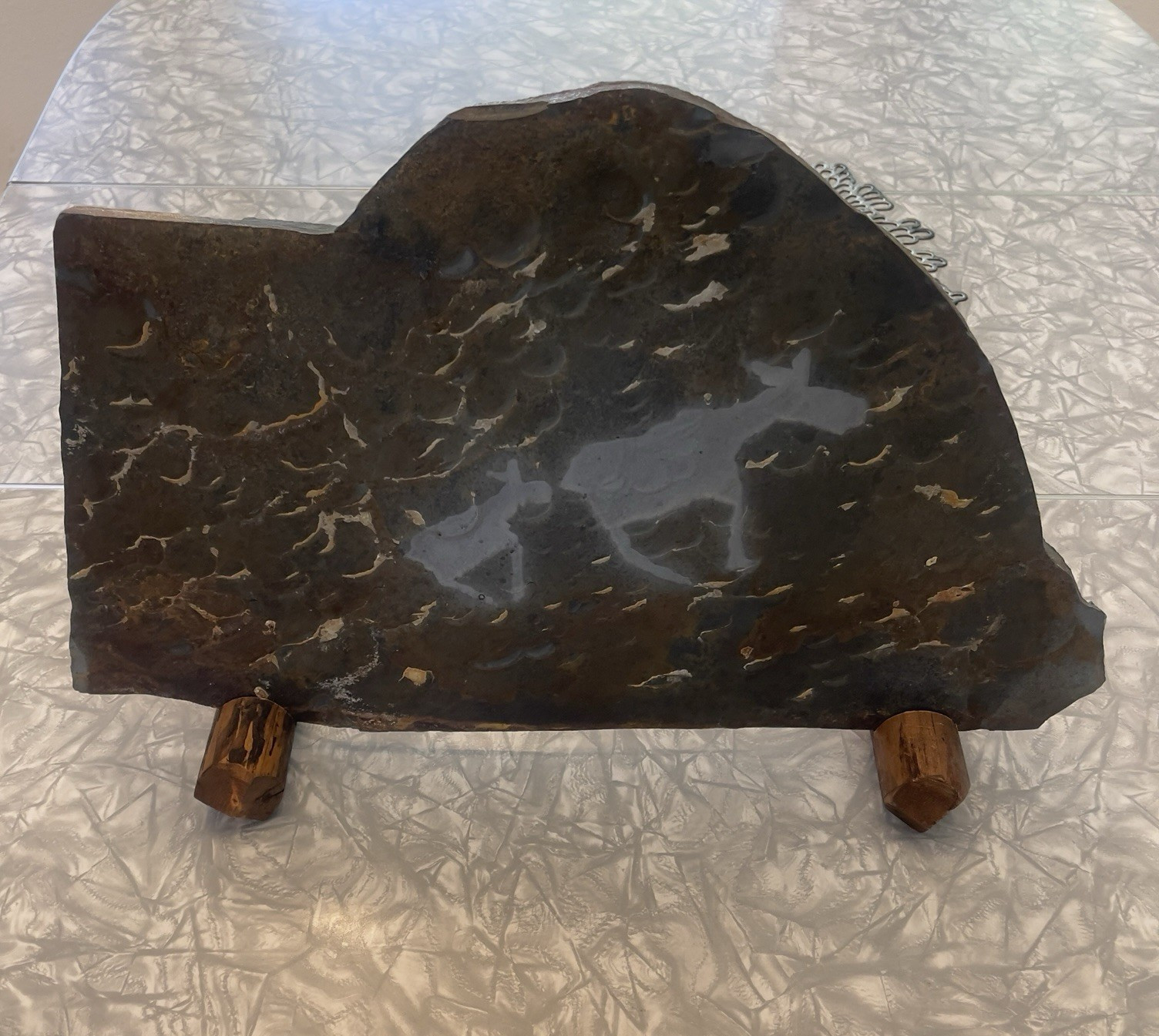 Petroglyph Animals Mineral Slab Specimen Display Wood Stands Wire Hanger