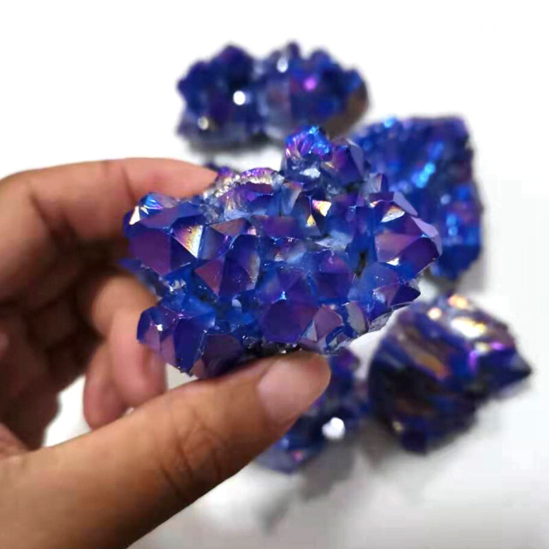 50g Natural Aura Blue Titanium Ore Stone Quartz Crystal Cluster Energy Specimen