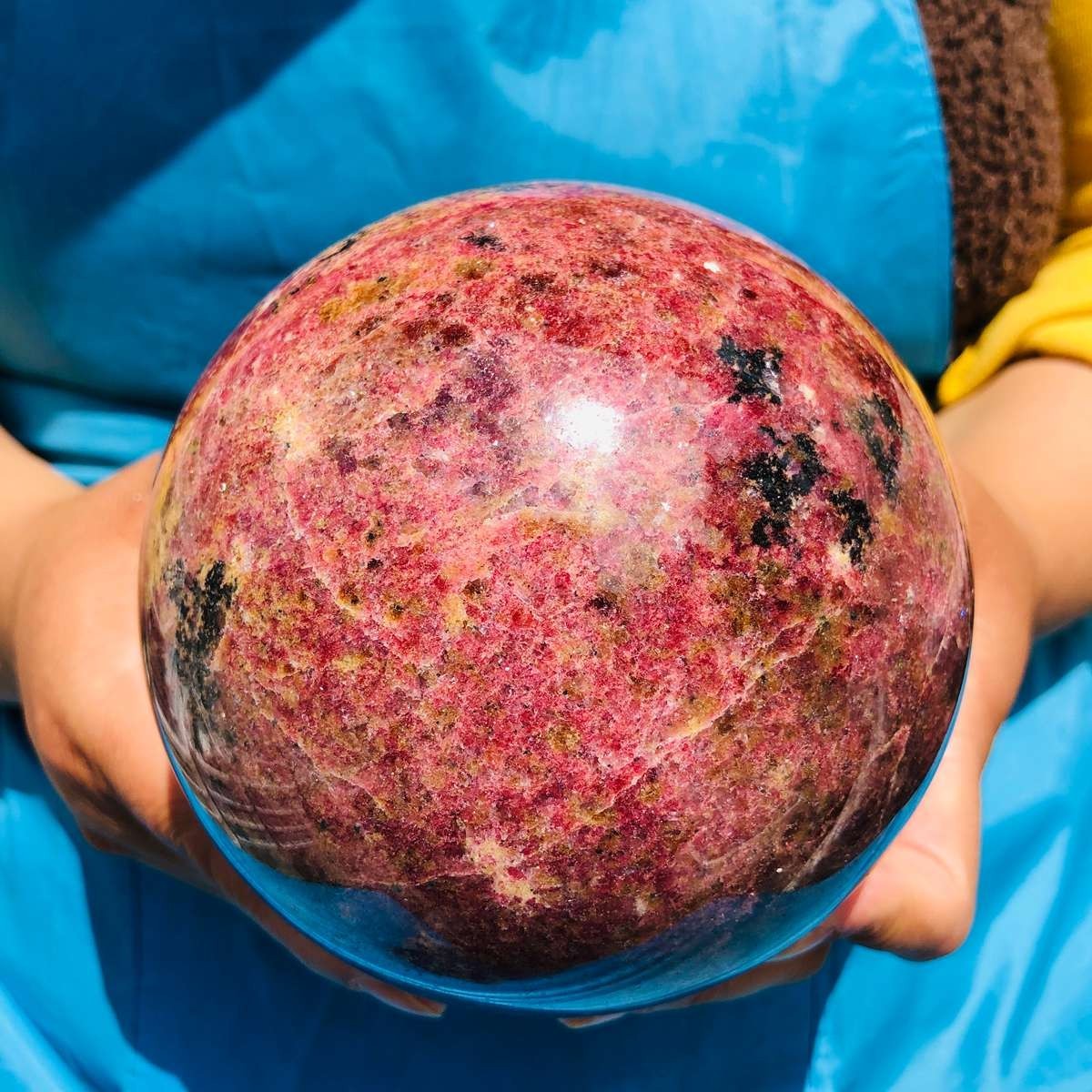 7.04LB Natural Rhodonite Crystal Sphere Pink Black Healing Gem Stone 4799