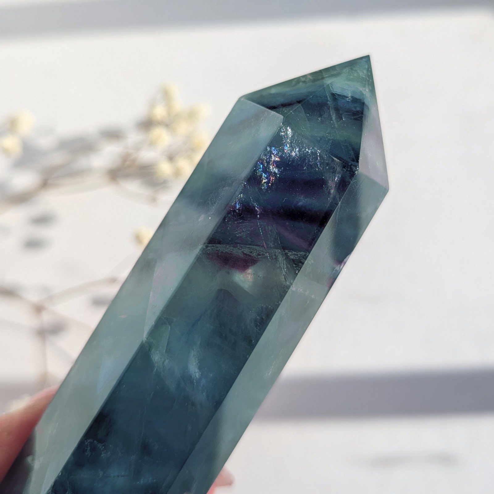 4″ rainbow fluorite tower, teal purple green blue fluorite crystal generator