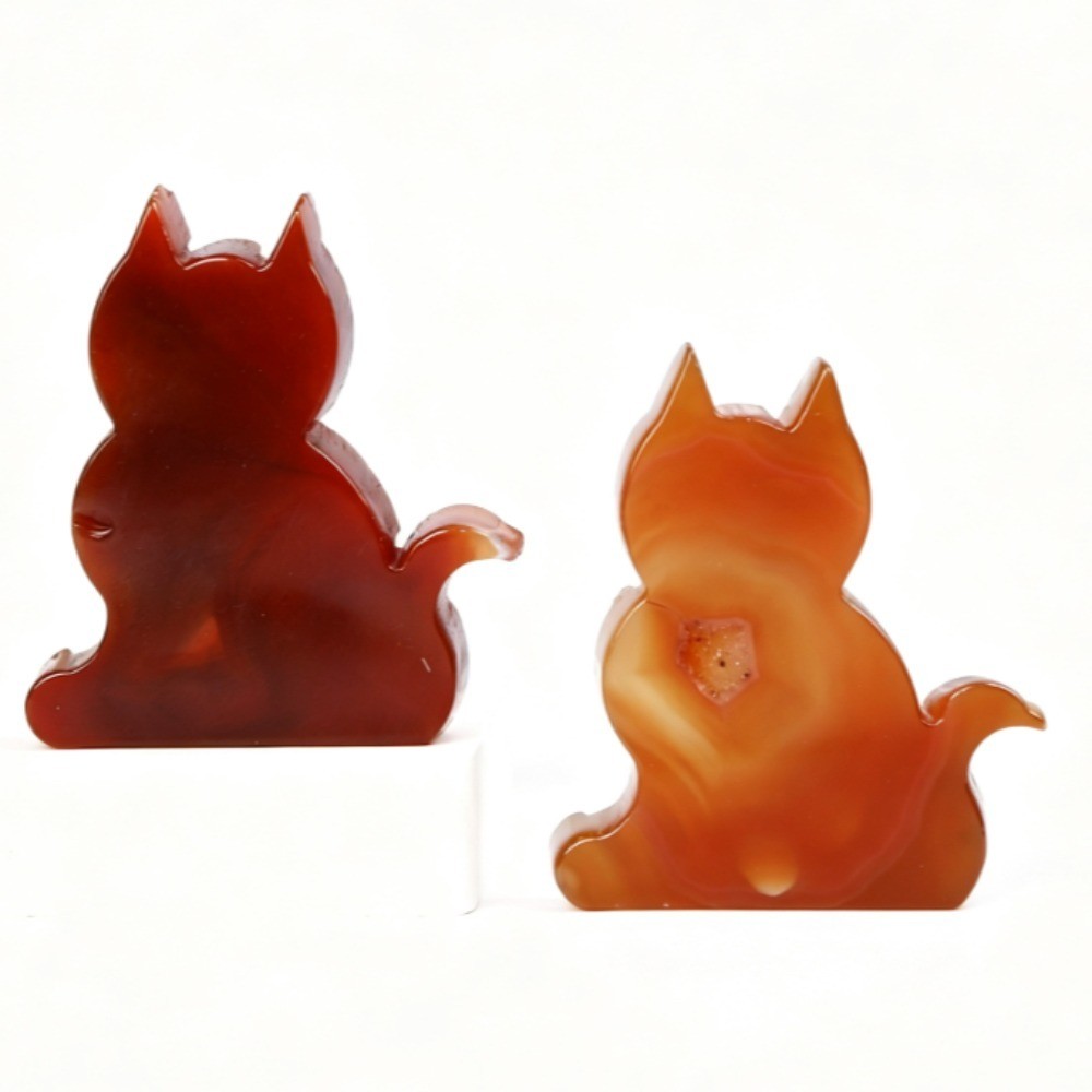 Natural Red Agate Geode Lucky Cat Carving Crystal Stone Healing Desk Decor 2pcs
