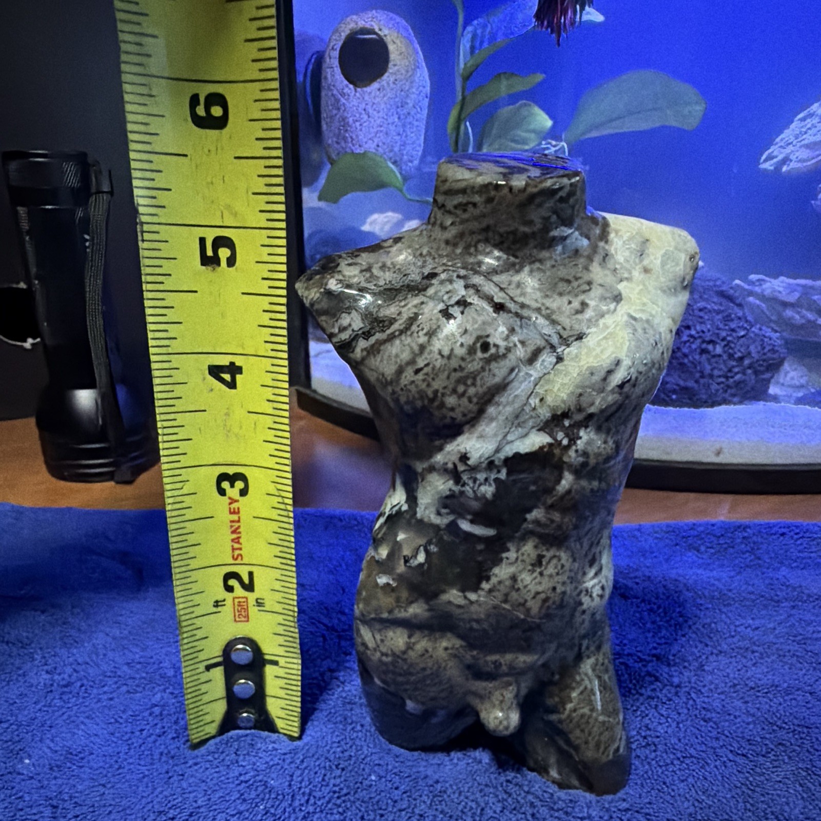 Volcano Agate Carved Male Torso Figurine Sculpture, UV Reactive, Approx 6 in