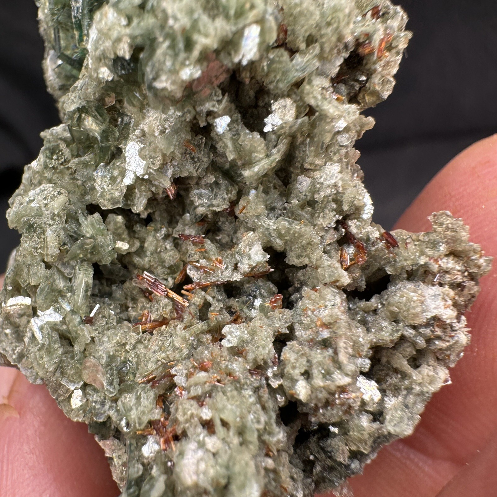 Lot of 4 Green Crystalized Mica Crystal Clusters with Rare Red Rutile Crystals
