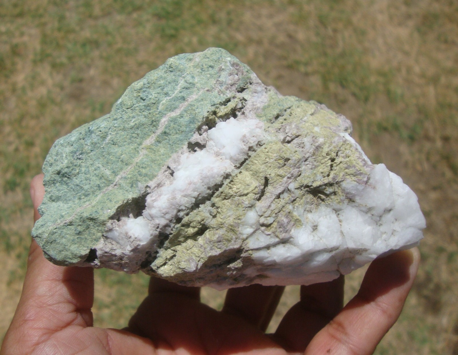 Light purple Axinite, green Epidote, and white Quartz, Stanislaus Co., CA