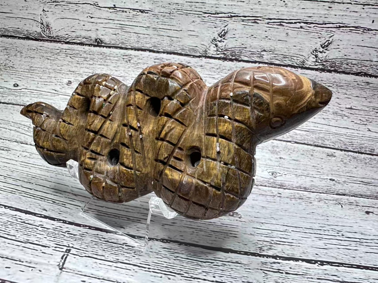 Natural Tiger’s Eye Snake Figurine 6″x2.75″ – Polished Crystal Carving 11.8 oz