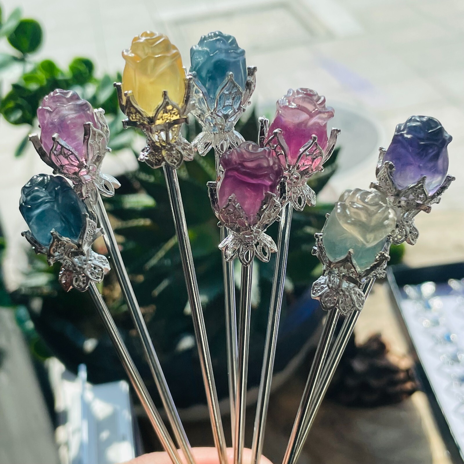 5pc Natural fluorite carved rose hairpin quartz crystal reiki healing