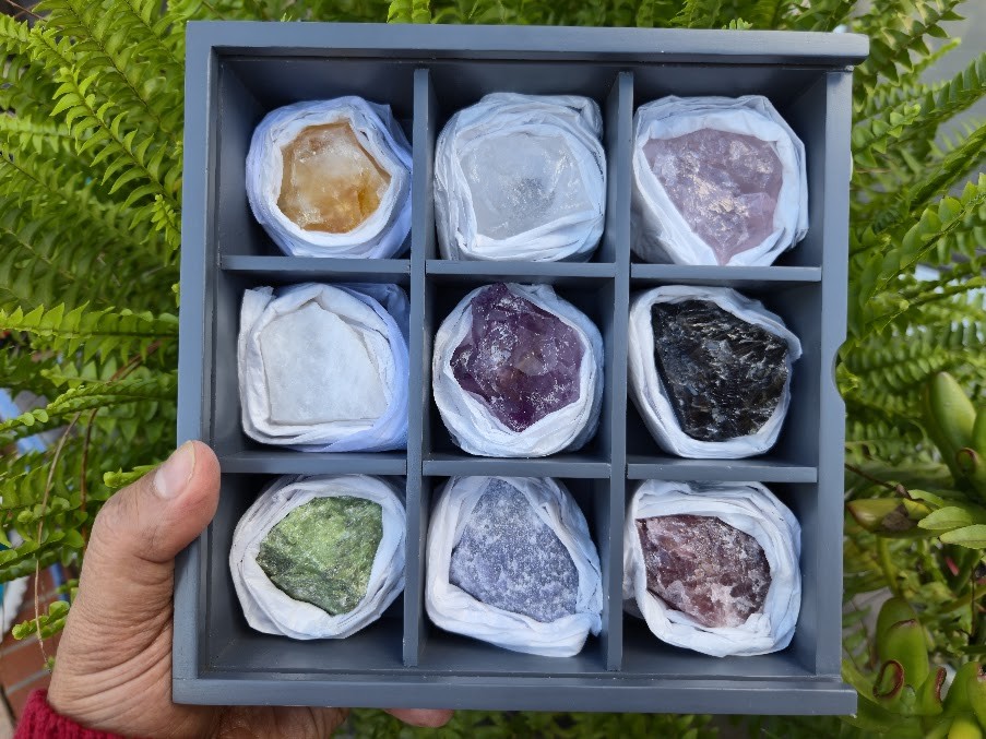 Set of Nine Crystals and Healing Stones Decorative Display Showcase
