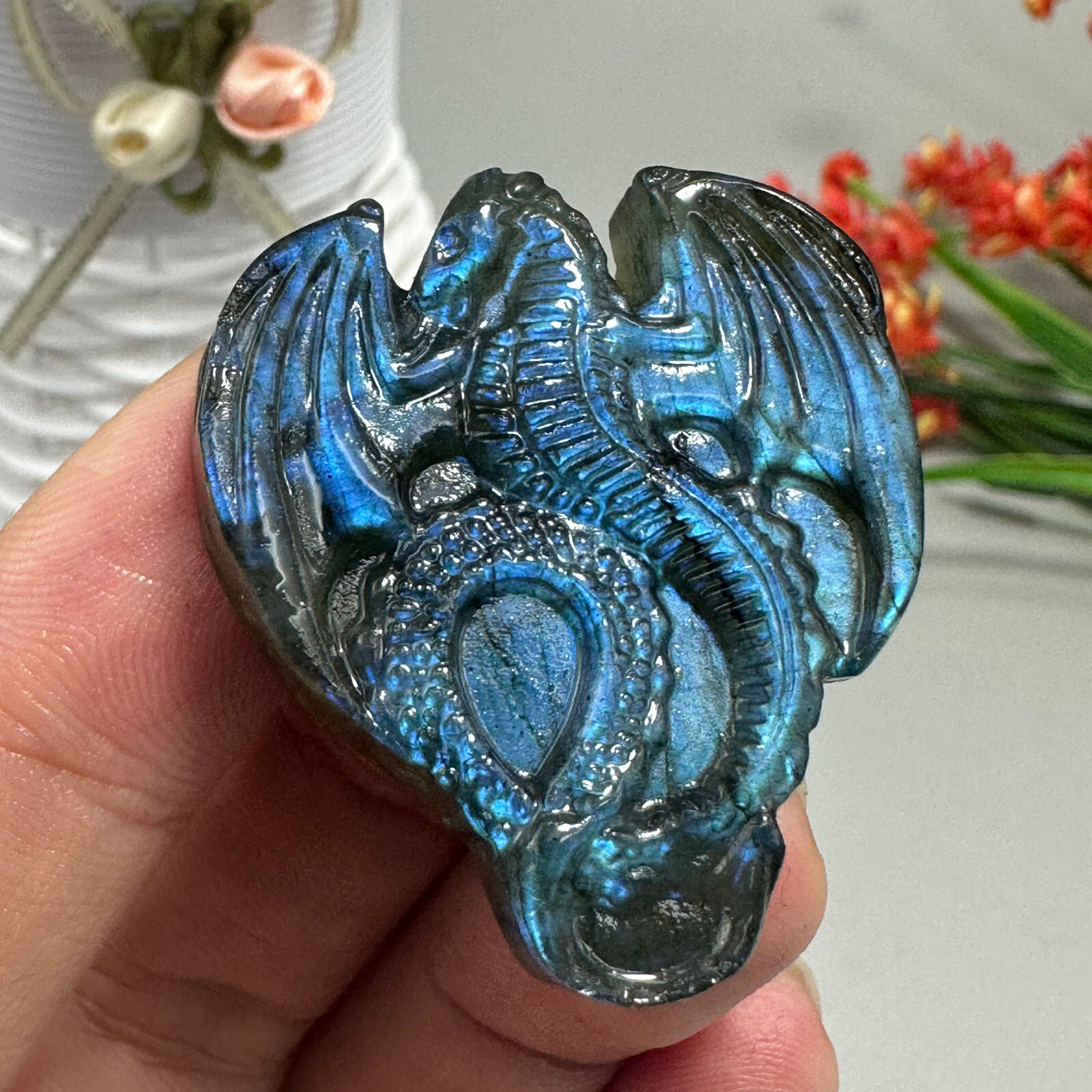 Natural Labradorite Carved dragon Quartz Skull Crystal Specimen Healing 1PC