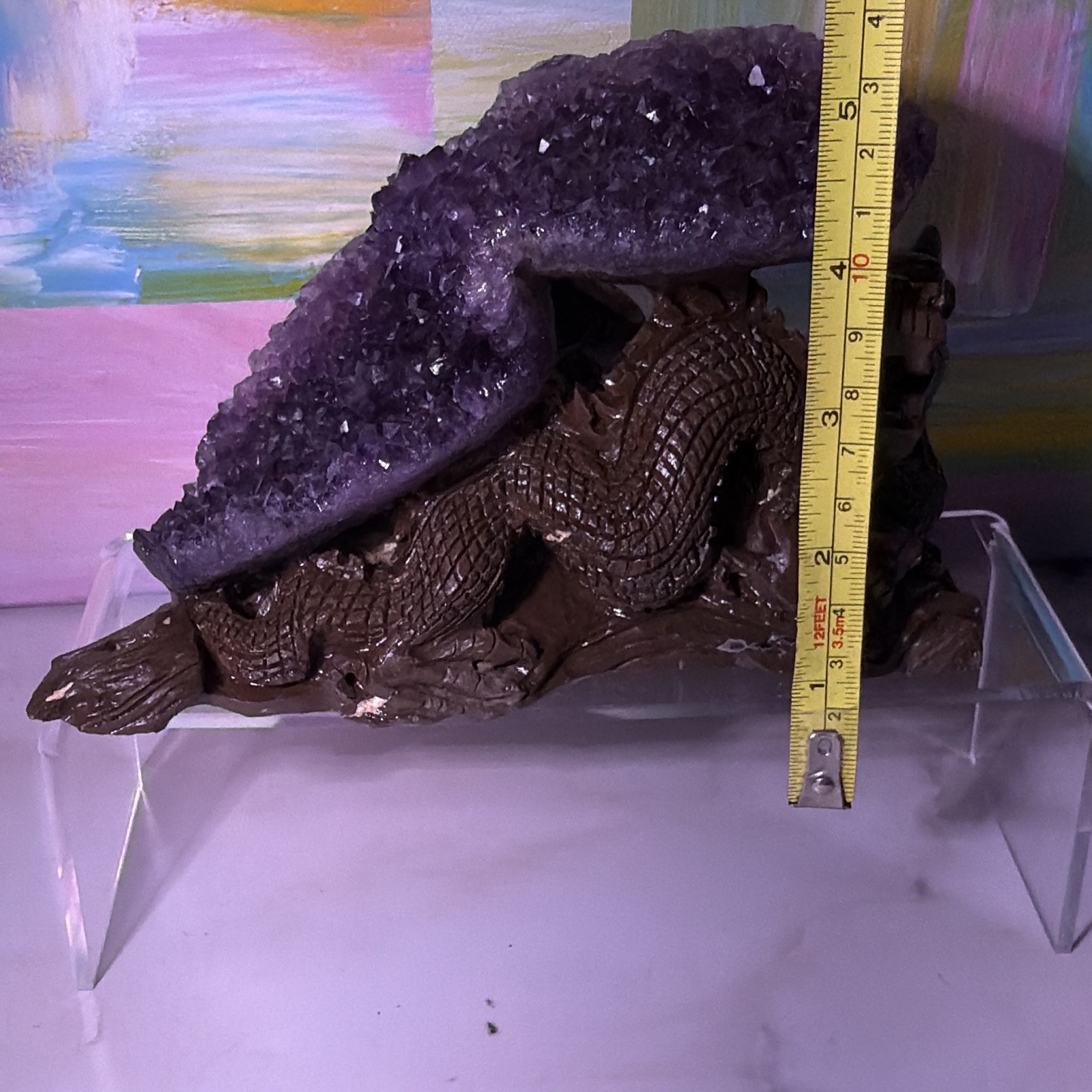 Purple Amethyst Cluster Crystal Mineral Display Specimen on Carved Dragon Stand
