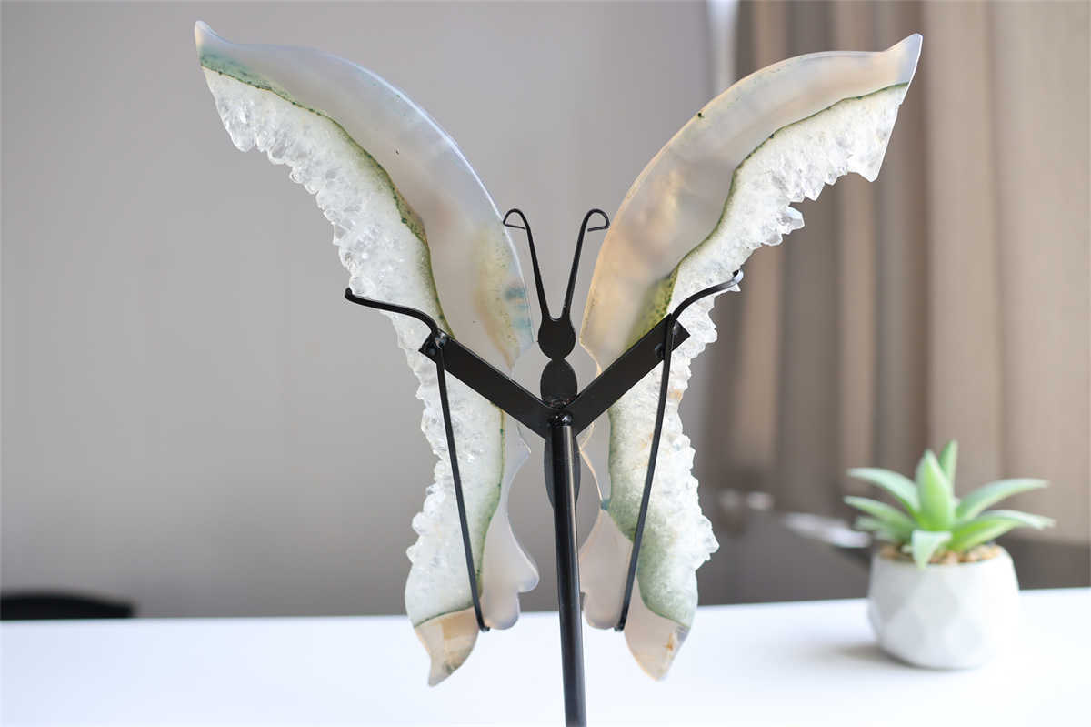 350g Natural Geode Agate Carved Butterfly Wing Reiki Crystal Decor Gift + Stand