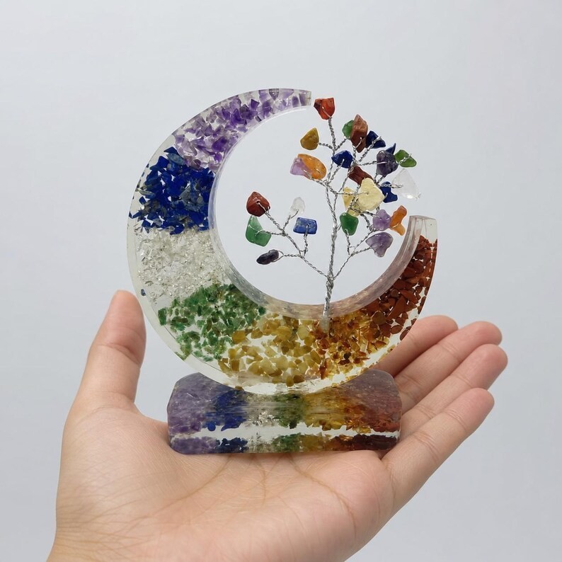 7 Chakra Gemstone Tree Sculpture, Crescent Moon Spiritual Decor, Reiki Healing