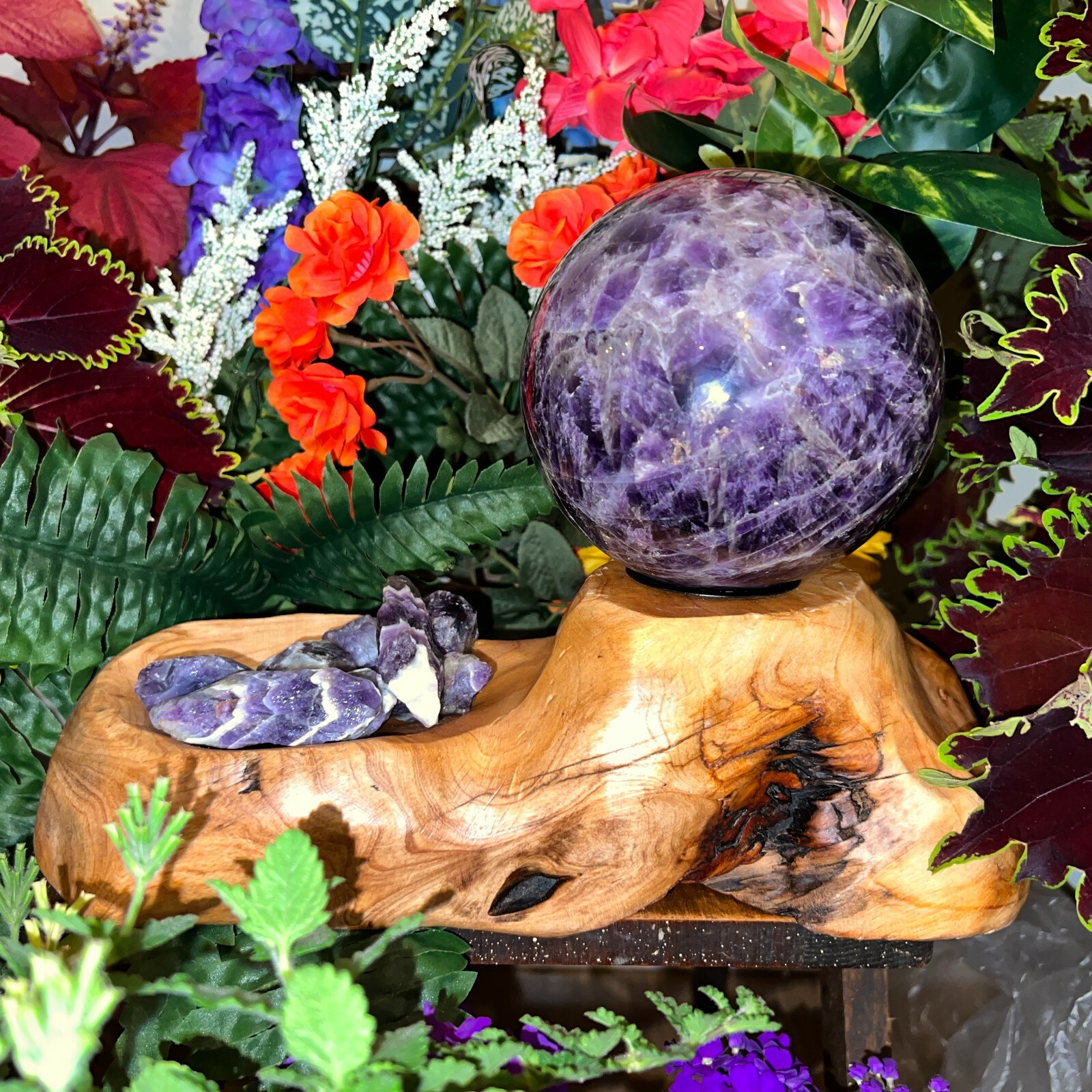 BEAUTIFUL 5+ lbs AURALITE 23 Sphere + Teak Wood Base + 1/2 lb Auralite Rough-A22