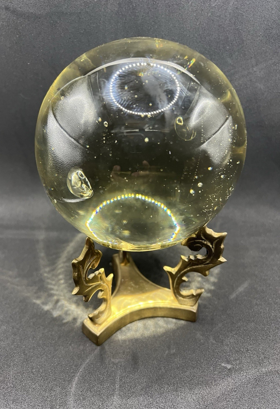 Vintage Clear Orb Crystal Magnifying Ball w Brass Base Stand 7″ tall Bubbles