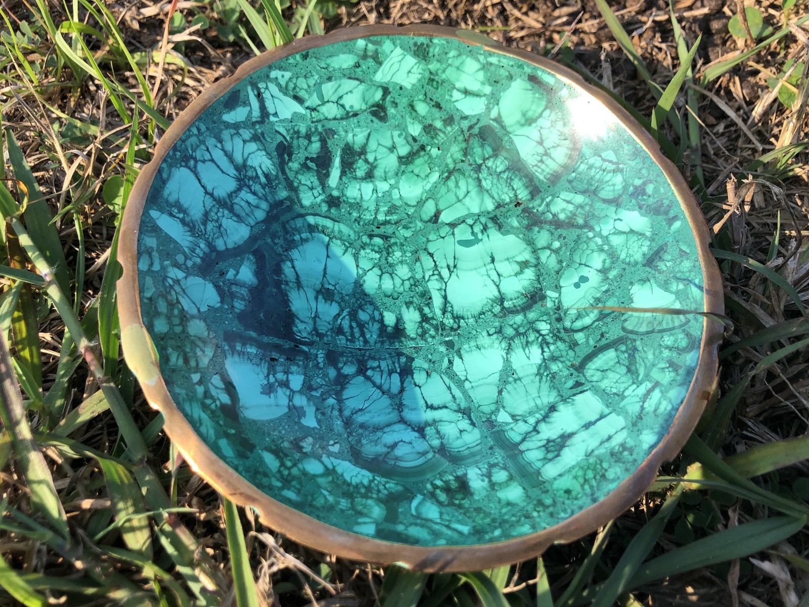 Authentic Malachite Display Bowl with Brass Rim – 5.25″ Decorative Stone Bowl