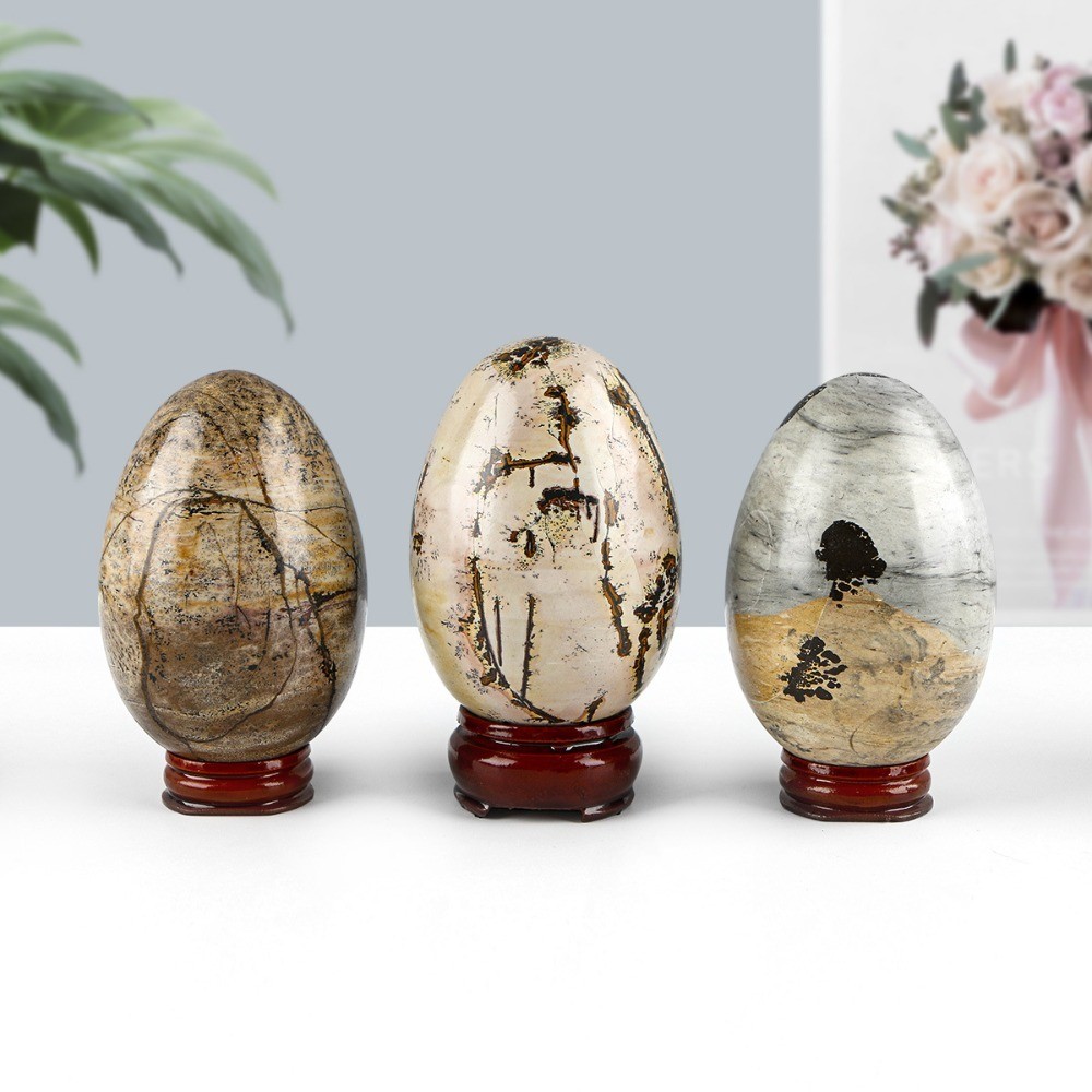 Natural Picture Stone Egg Carving Crystal Reiki Healing Decor Gift + stand 1pcs