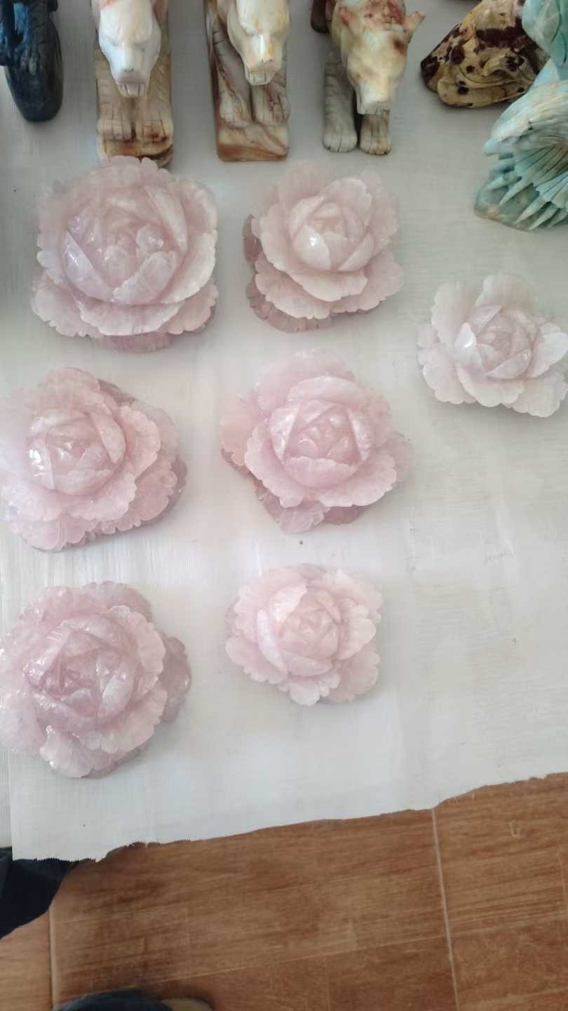 1pc Natural Pink Rose Quartz Carved Crystal Flower Skull Reiki Healing Decor