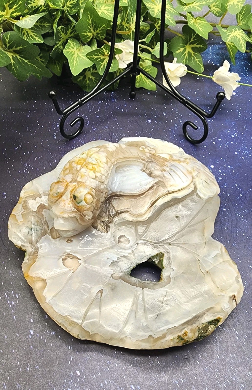 Flower Agate Koi Fish On Lily Pad Carving Unique Handcrafted Crystal Art /Stand