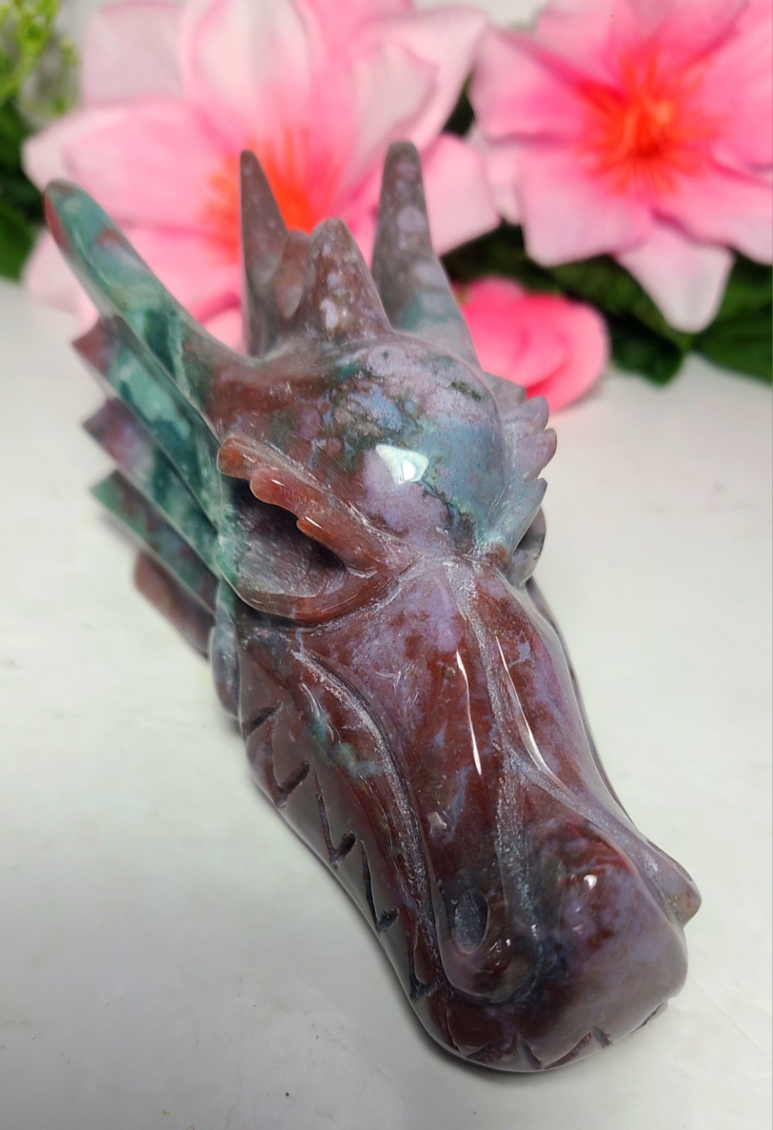 Large 5″ 435g Elegant A++ Ocean Jasper Dragon Head Skull Carving Stone Statue