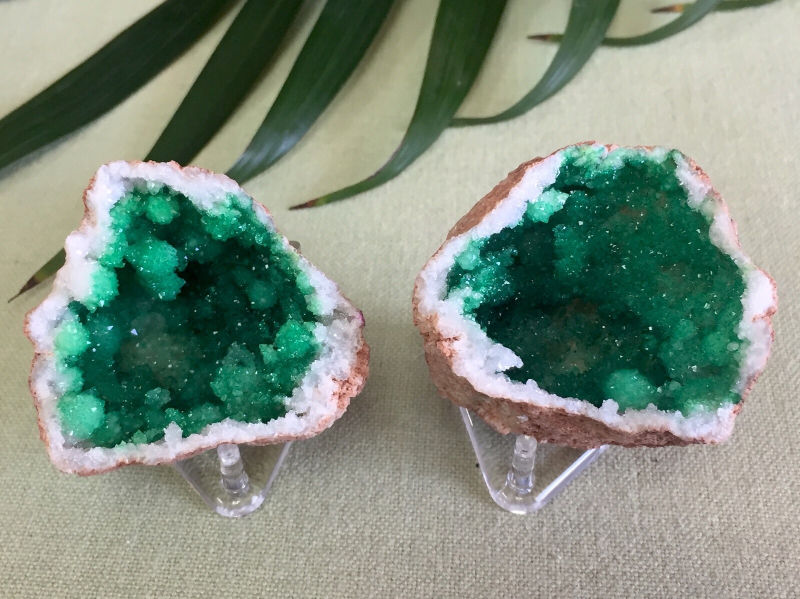 Green Geode Pair Geode Crystal Quartz Druze Specimen Morocco Geode Half
