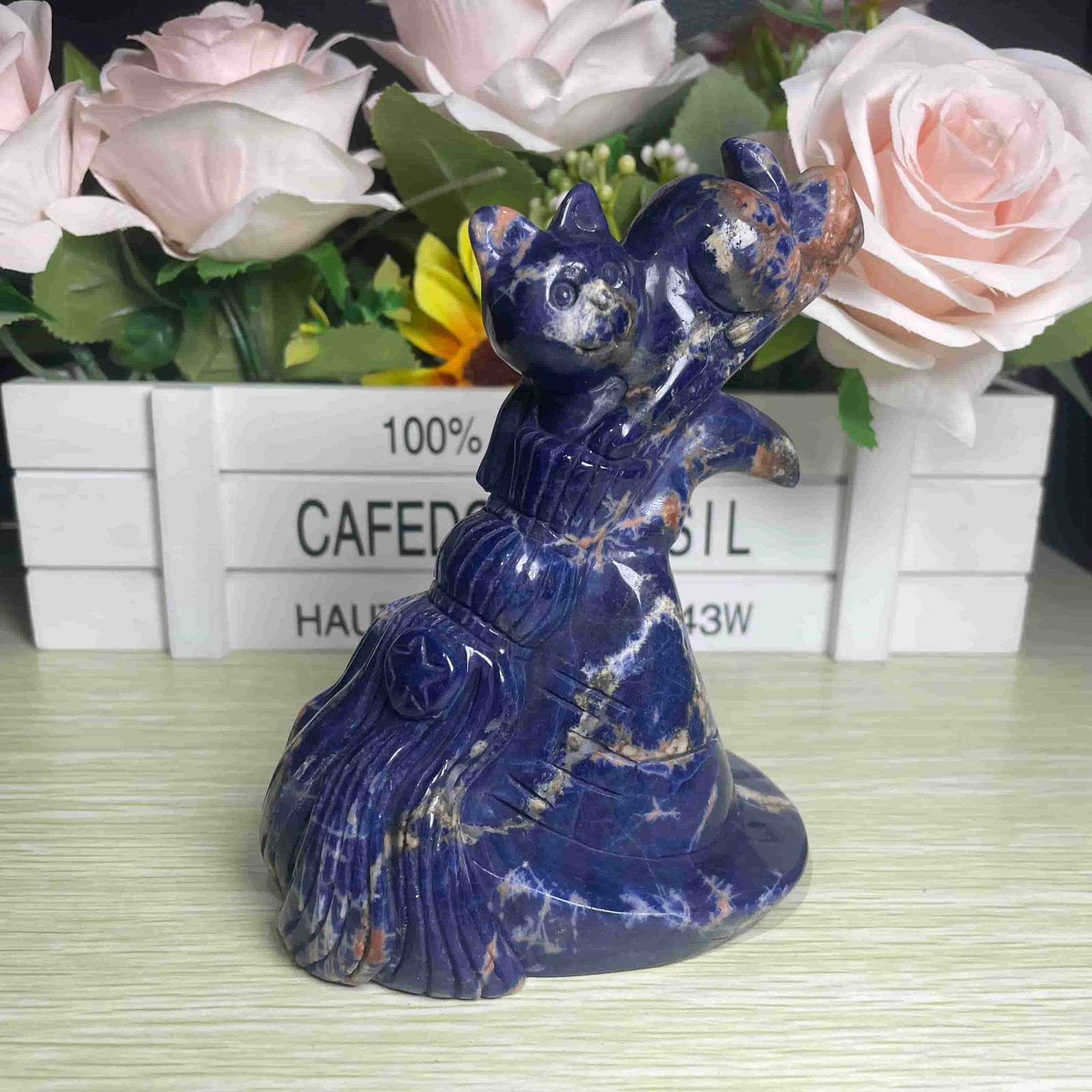1.3LB 4.7” Natural Blue Sodalite Cat Cross Ornament Quartz Crystal
