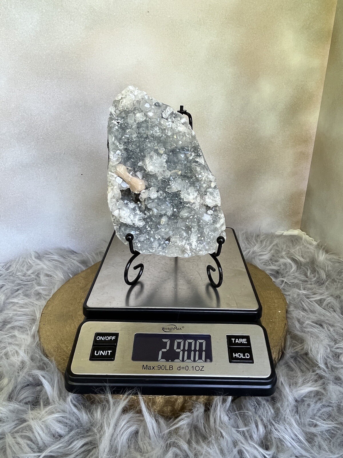 Peach Stilbite on Diamond Apophyllite And Blue/Grey Chalcedony