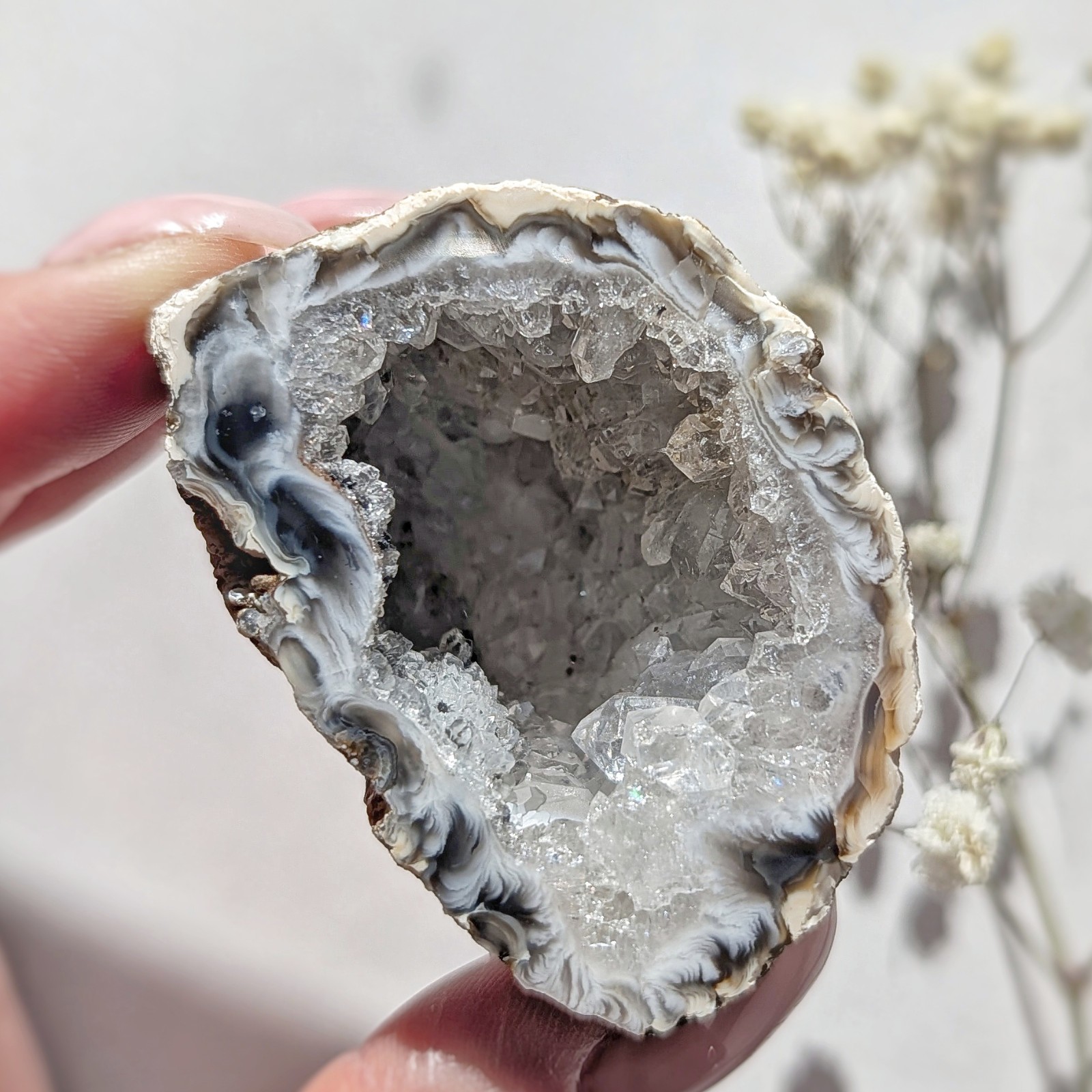 2″ oco agate geode, self-stands, natural quartz druzy geode half, quartz crystal