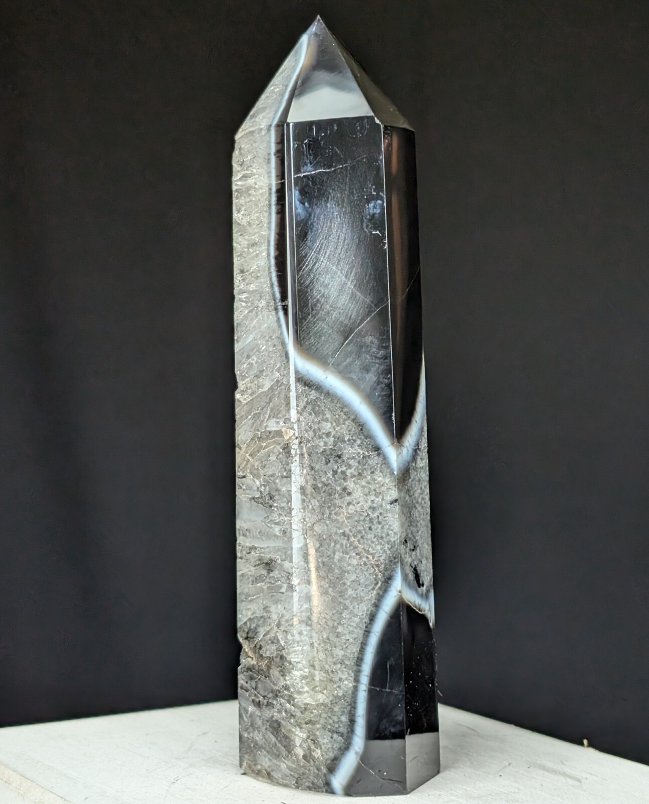 Agate Tower Black Banded Lace Point Quartz Lage Big Tall Crystal Gemstone