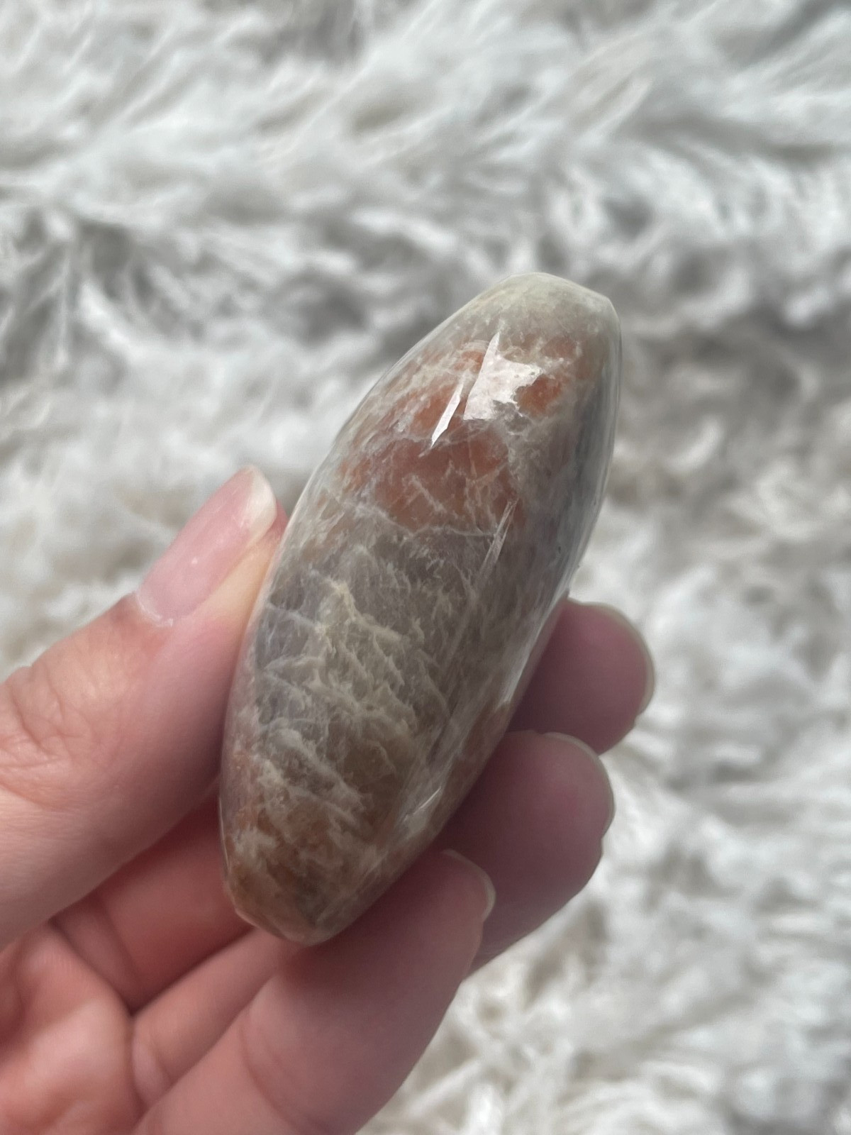 Rainbow Moonstone with Sunstone Palmstone, Medium – Blue & Silver Flashes (MZ)