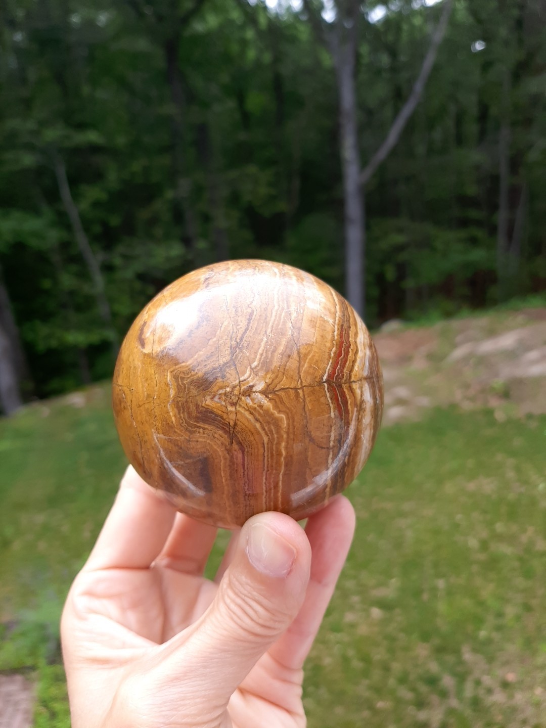 Banded Onyx Sphere Brown Tone Polished Stone Orb 3″ With Wood Stand