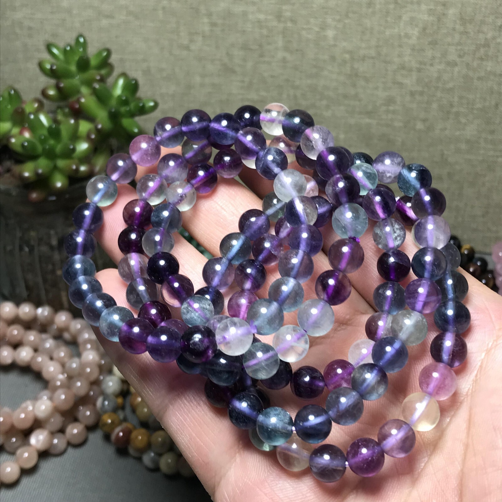 5Pcs Wholesal Natural Polish Rainbow color Fluorite crystal bracelets ball 8mm
