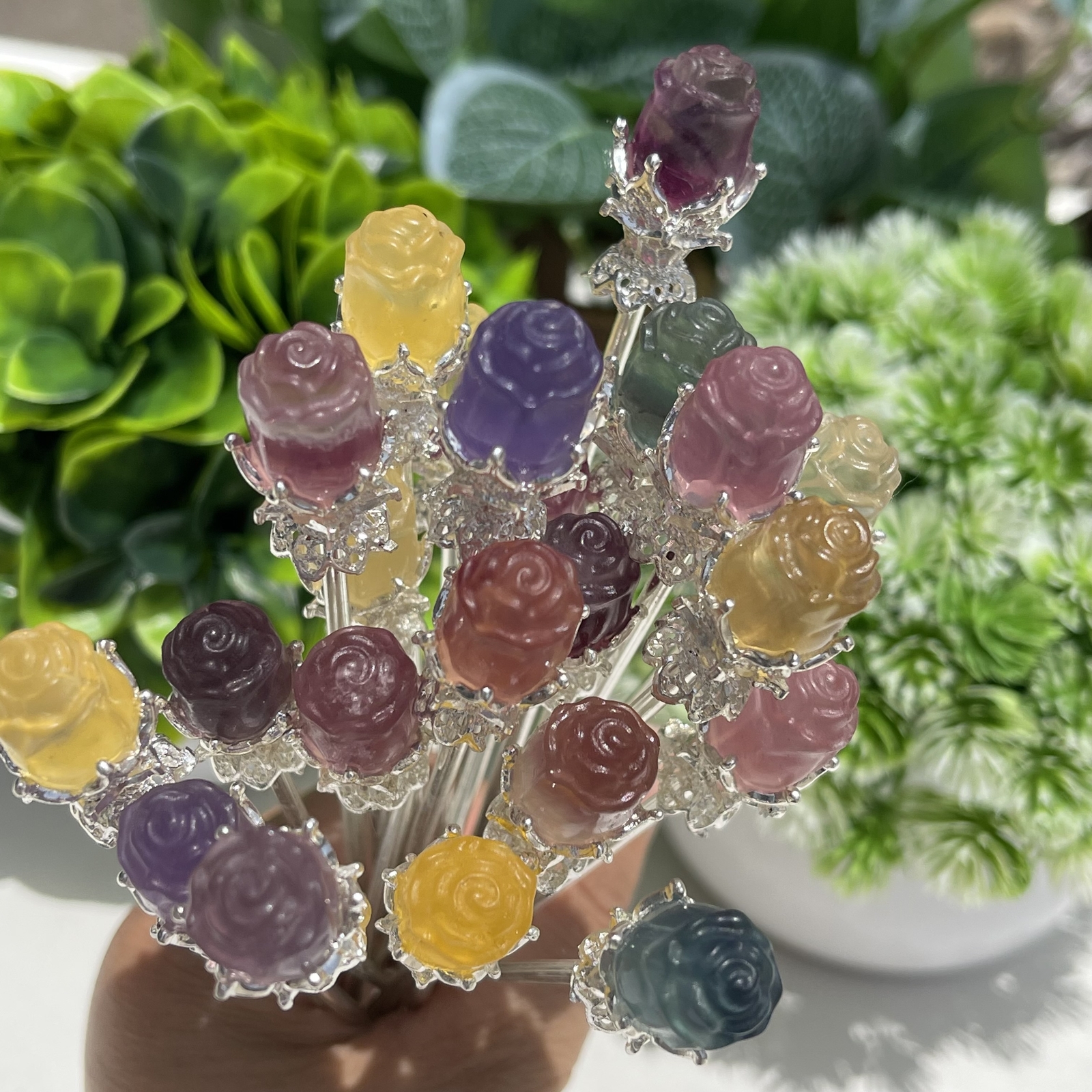 5pc Natural fluorite carved rose hairpin quartz crystal reiki healing random
