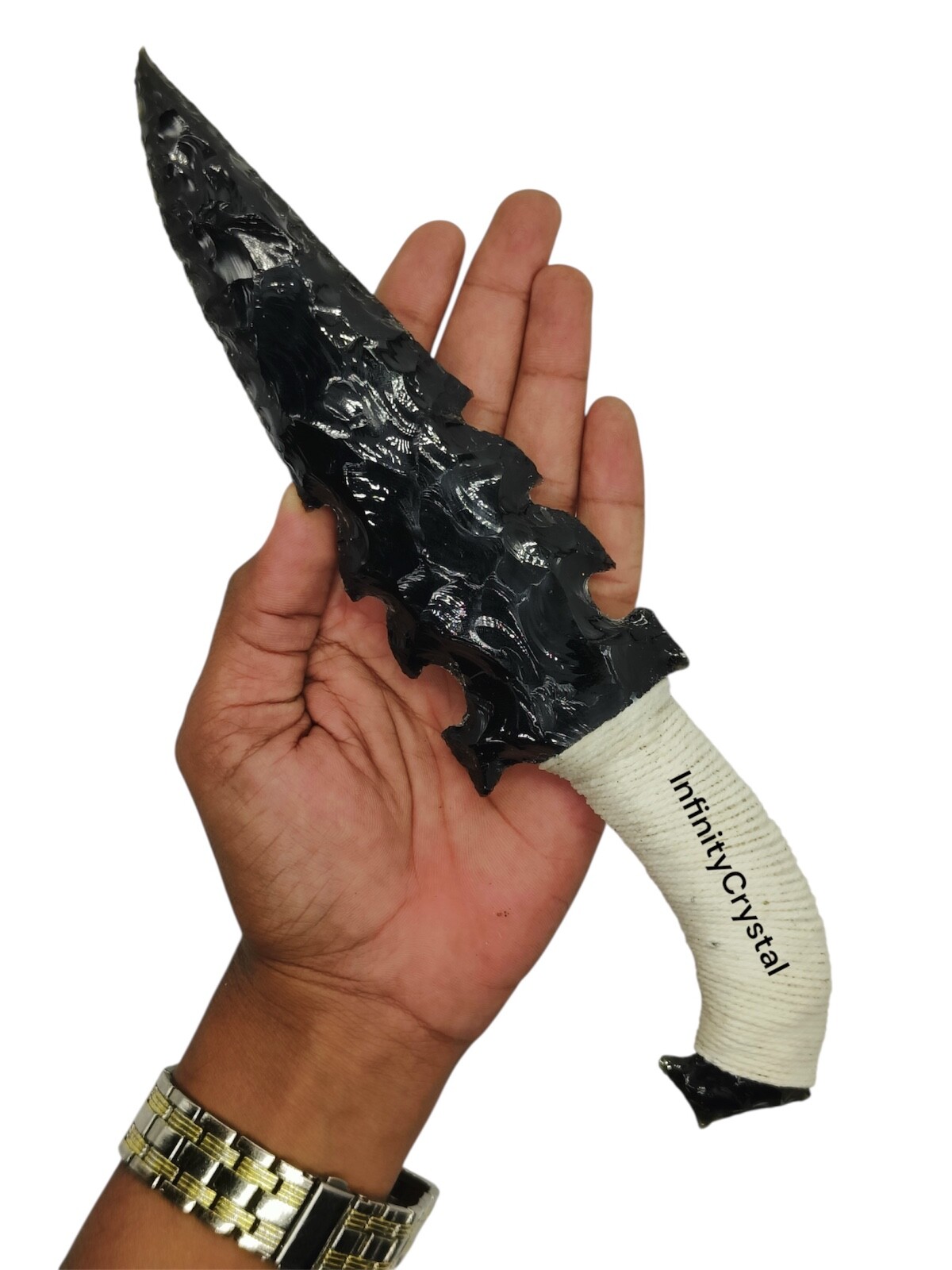 10”Large Black Obsidian Dagger,Handcrafted Knife with White Thread,Viking Athame