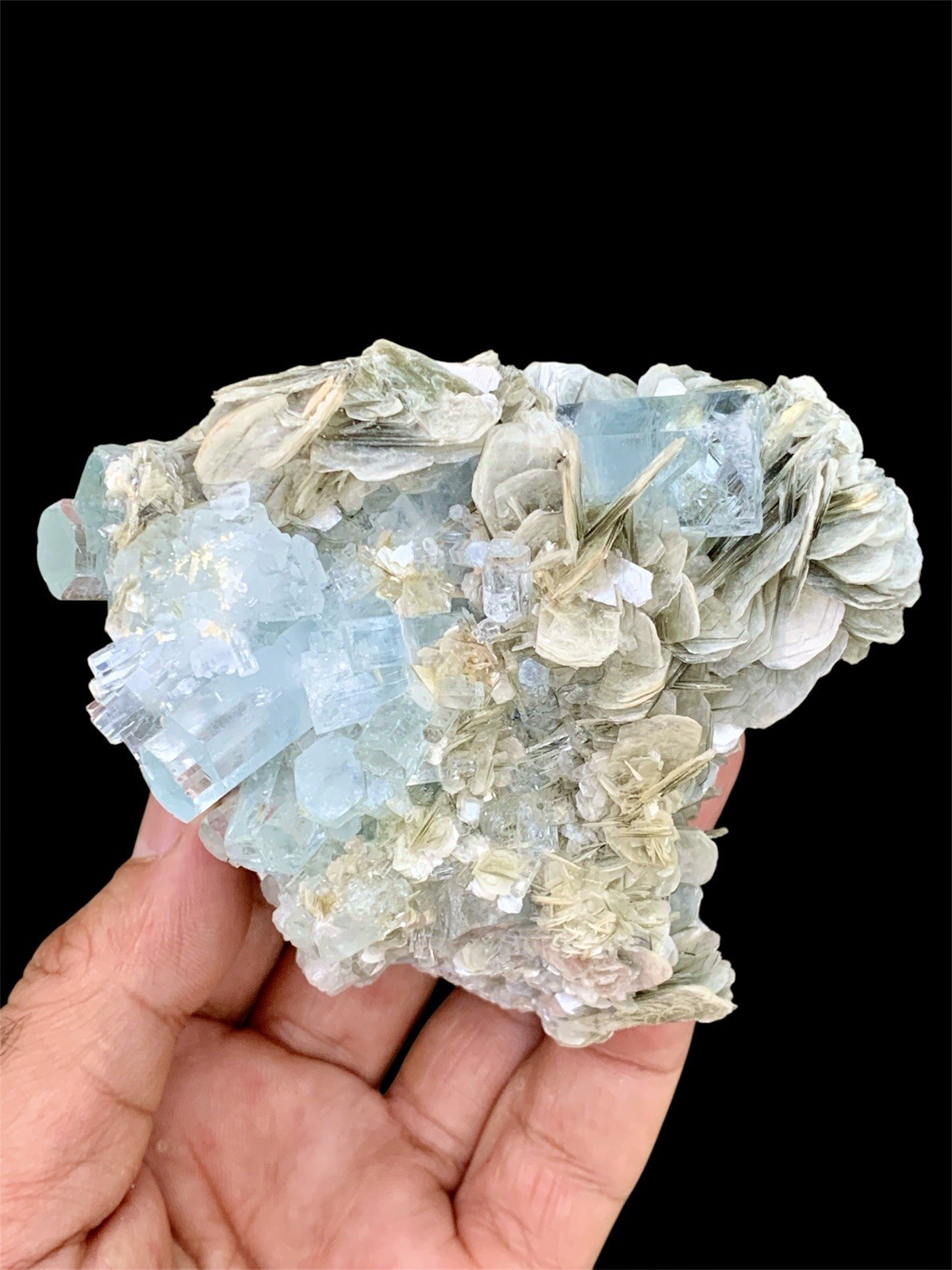579 Grams Aquamarine Cluster With Mica Combine Specimen From Nagar Pakistan.