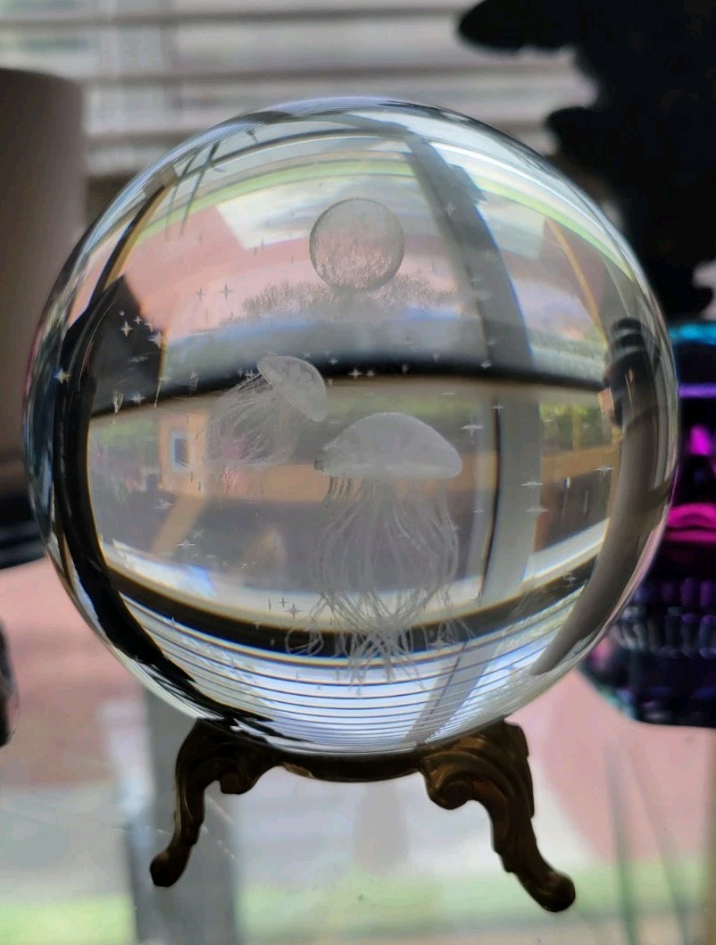 Jellyfish Crystal Ball No Stand, 3D Laser Engraved Glass Sphere Decorative Ball