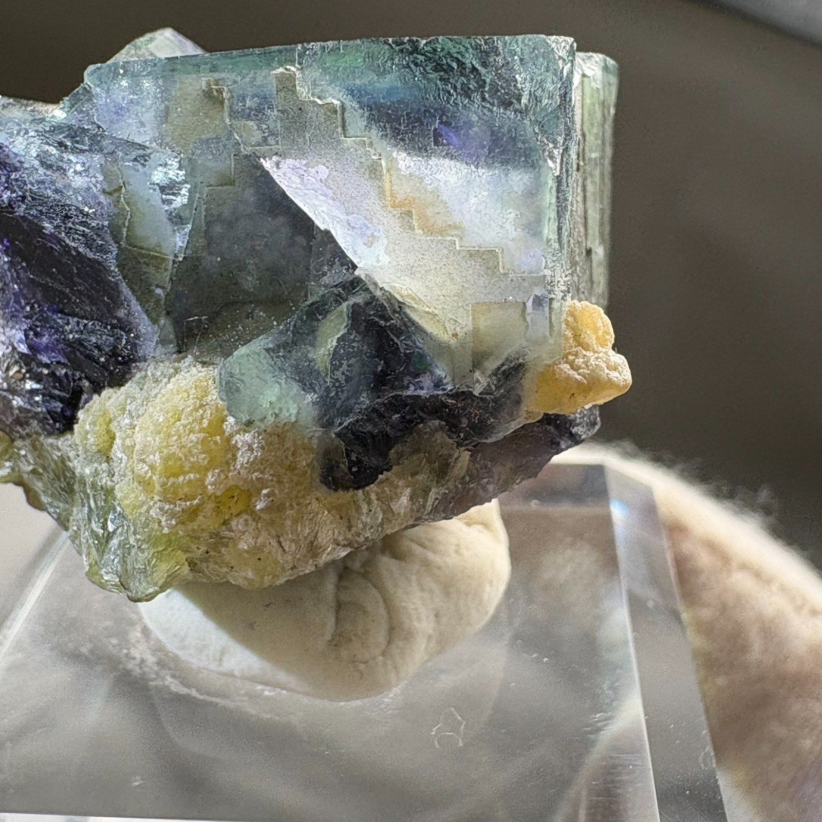 Natural Phantom Fluorite w/ Green Mica Raw Mineral Specimen w/ Acrylic Stand